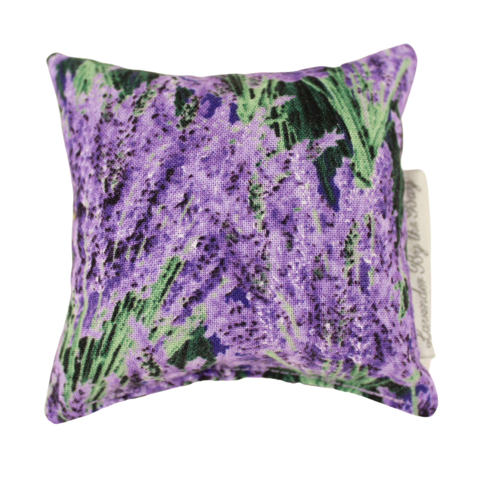 A decorative sachet filled with dried lavender, perfect for scenting drawers or closets withh a floral pattern featuring purple lavender flowers