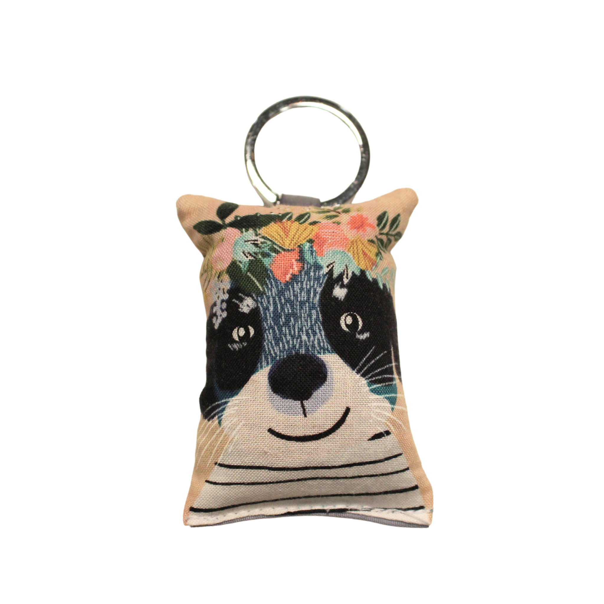 Dog with flowers crown on its head and wearing strips shirt design featuring on scented keychain on white background