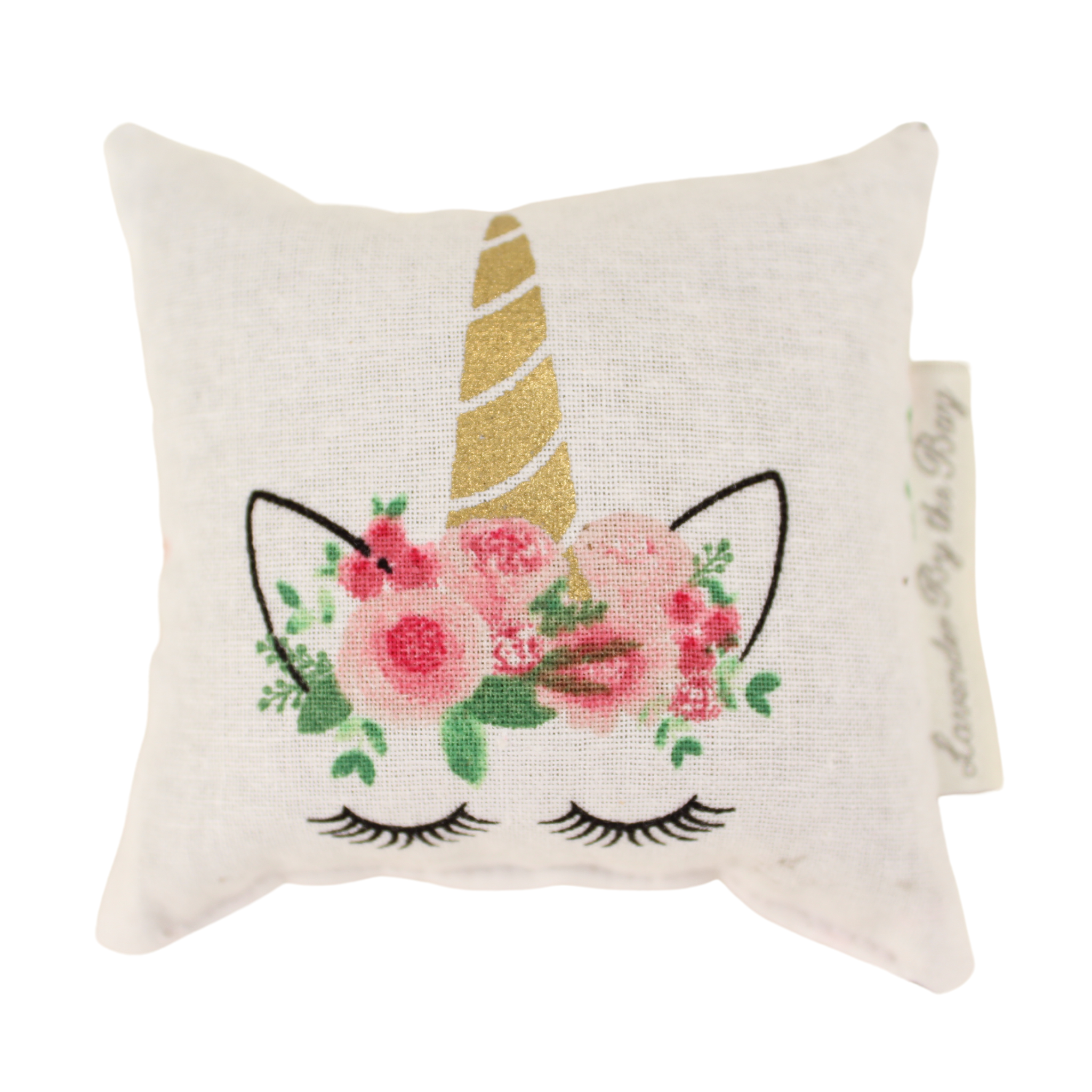 A white fresh scents sachet with an embroidered unicorn design, featuring a golden horn and floral crown