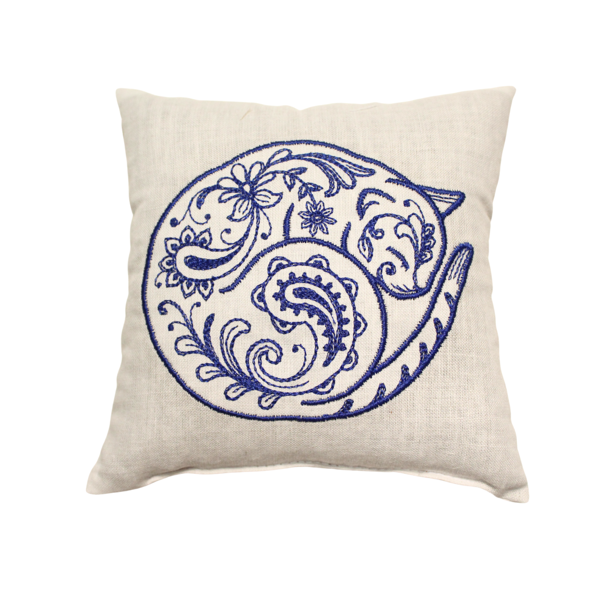 A soft, white throw pillow with a blue, embroidered curled cat design. The pillow is filled with lavender, making it a fragrant and decorative sachet bag.