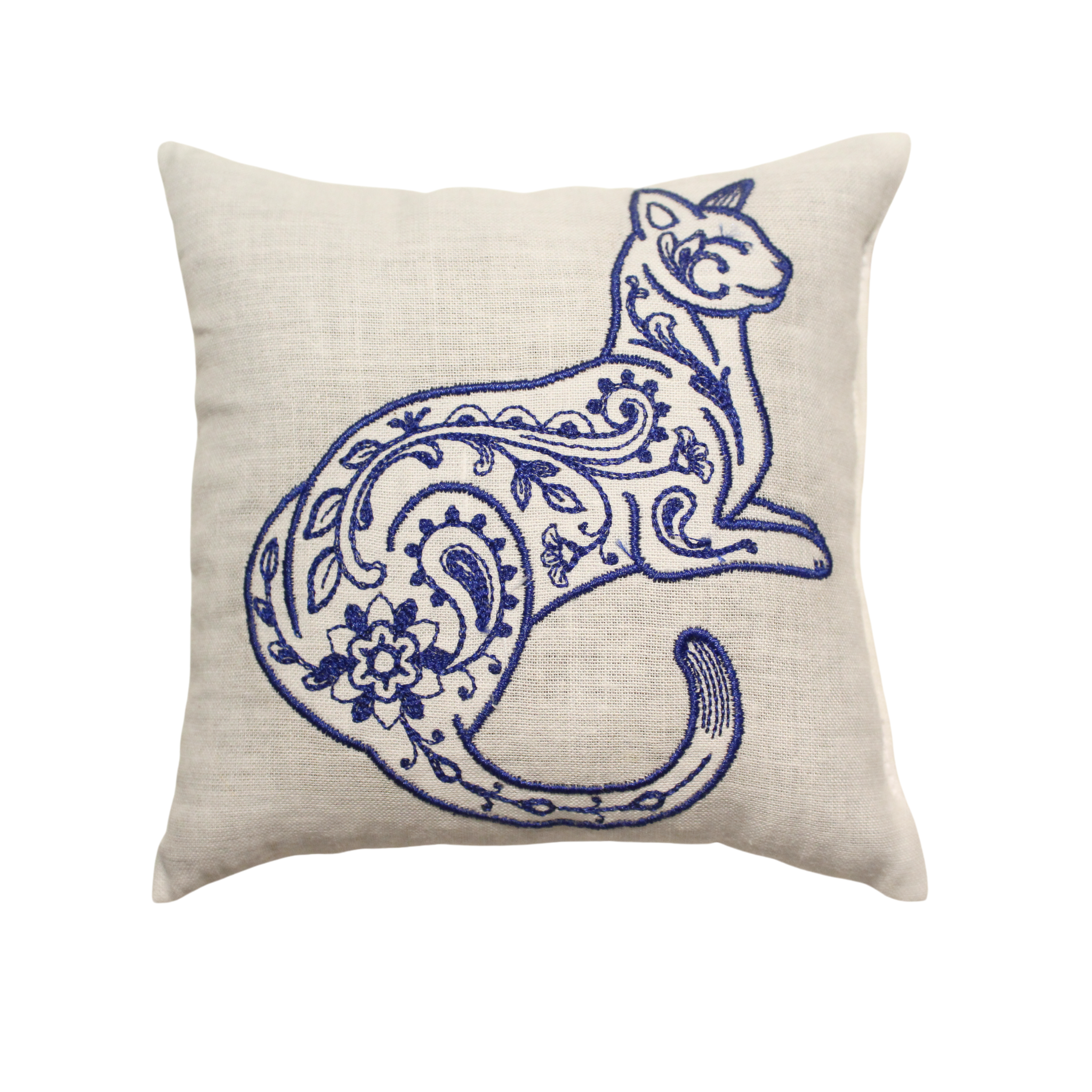 A fragrant scent bag featuring a blue, embroidered cat design on a soft, white pillow