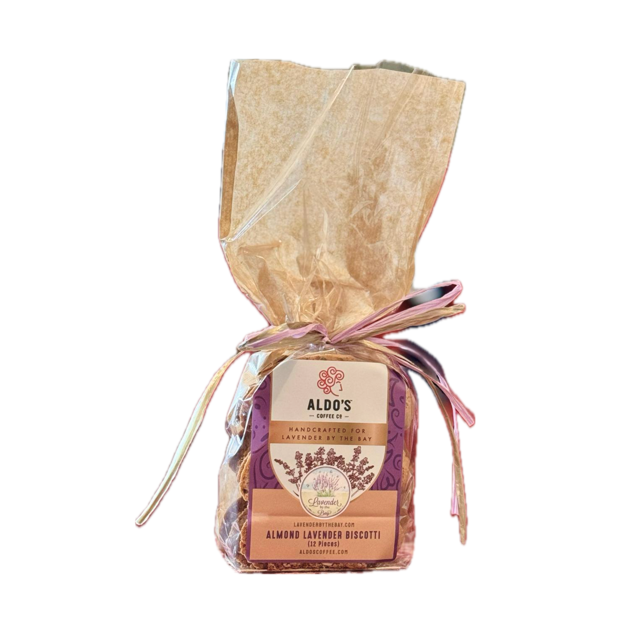 A bag with 12 Aldo's Almond Lavender Biscotti cookies, a twice-baked Italian cookies with almonds and lavender on white background