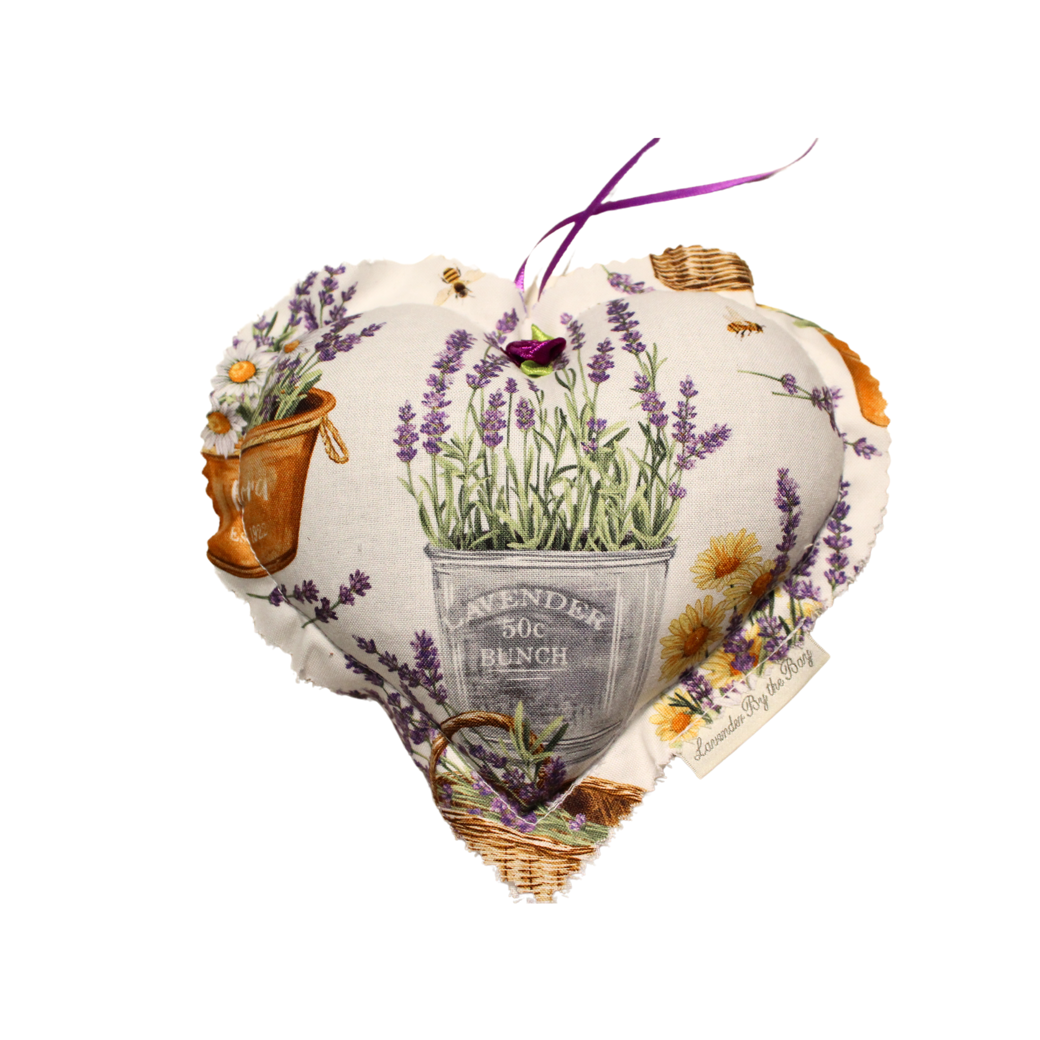 Ribboned Heart Sachets for drawers with lavender flowers in a pot paintings and sunflowers on white background