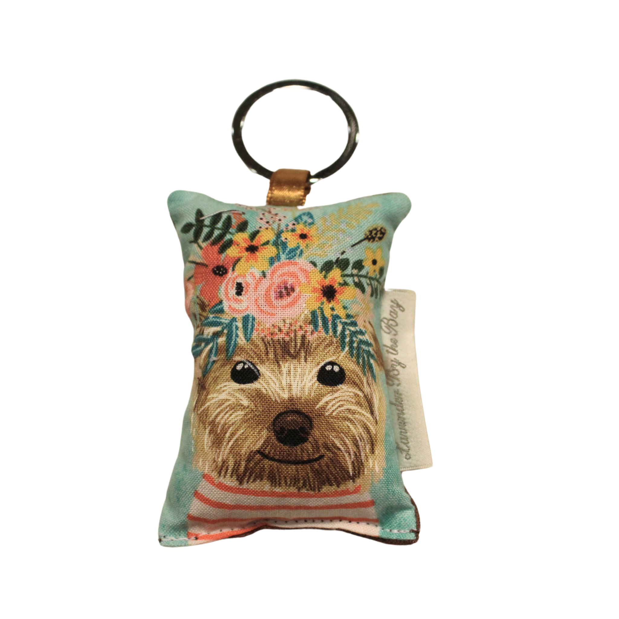 Brown dog with flower crown on its head wearing stripes shirt design featuring on key chain gifton white background