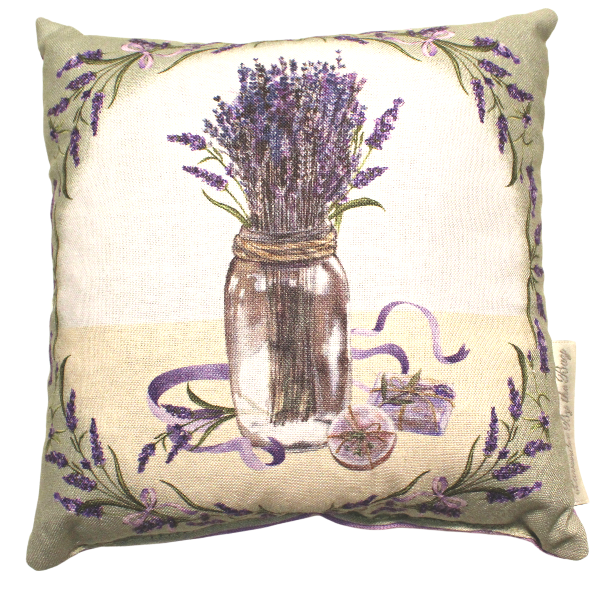 A decorative deodorizer sachet featuring a detailed embroidery of lavender flowers in a mason jar with purpule ribbon, and lavender soap bar beside it