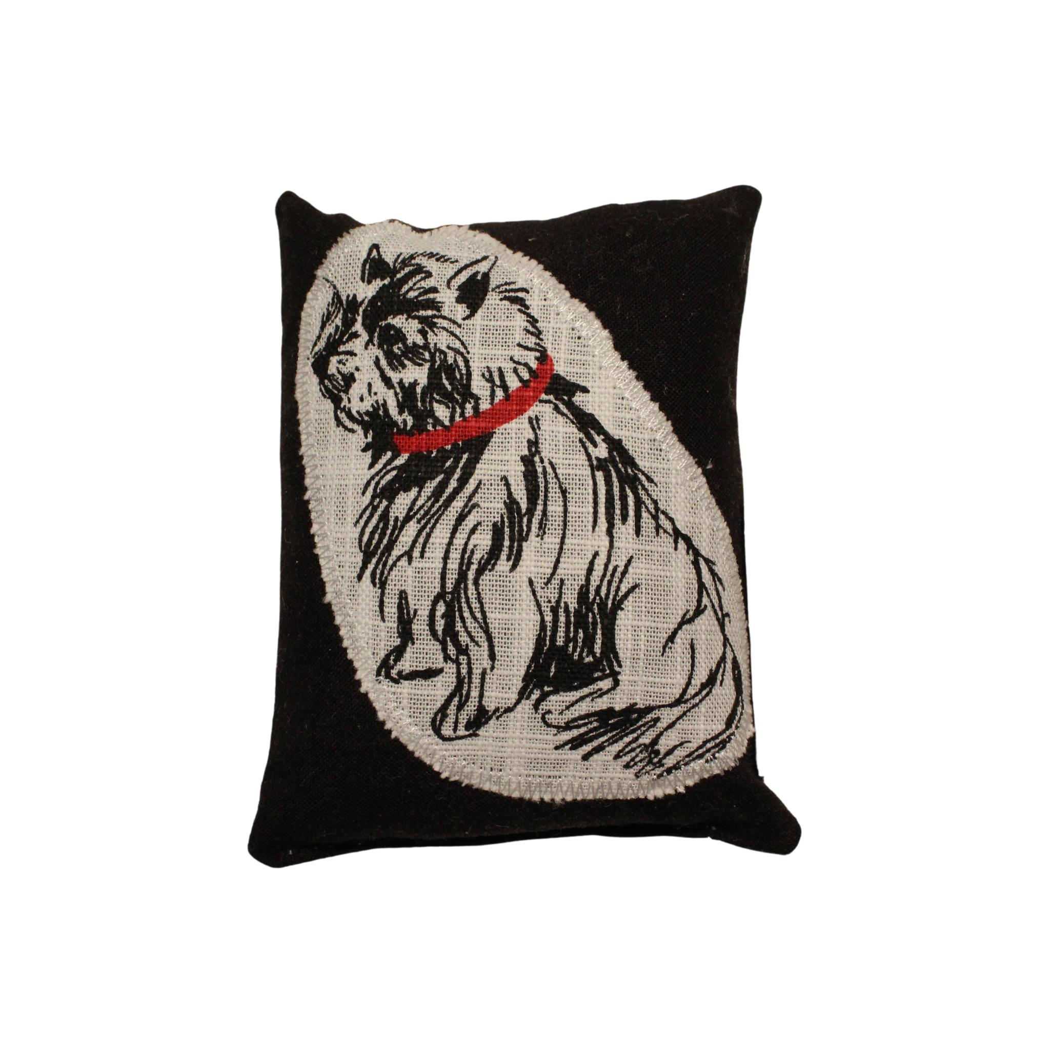 A black linen sachet with an dog applique of a white dog with a red collar.