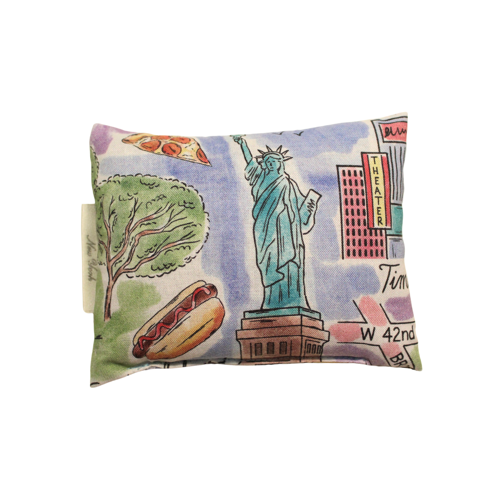 Souvenir New York Lavender sachet  4"x5" with painted statue of libarty times square hot dog central park and piza   on white background