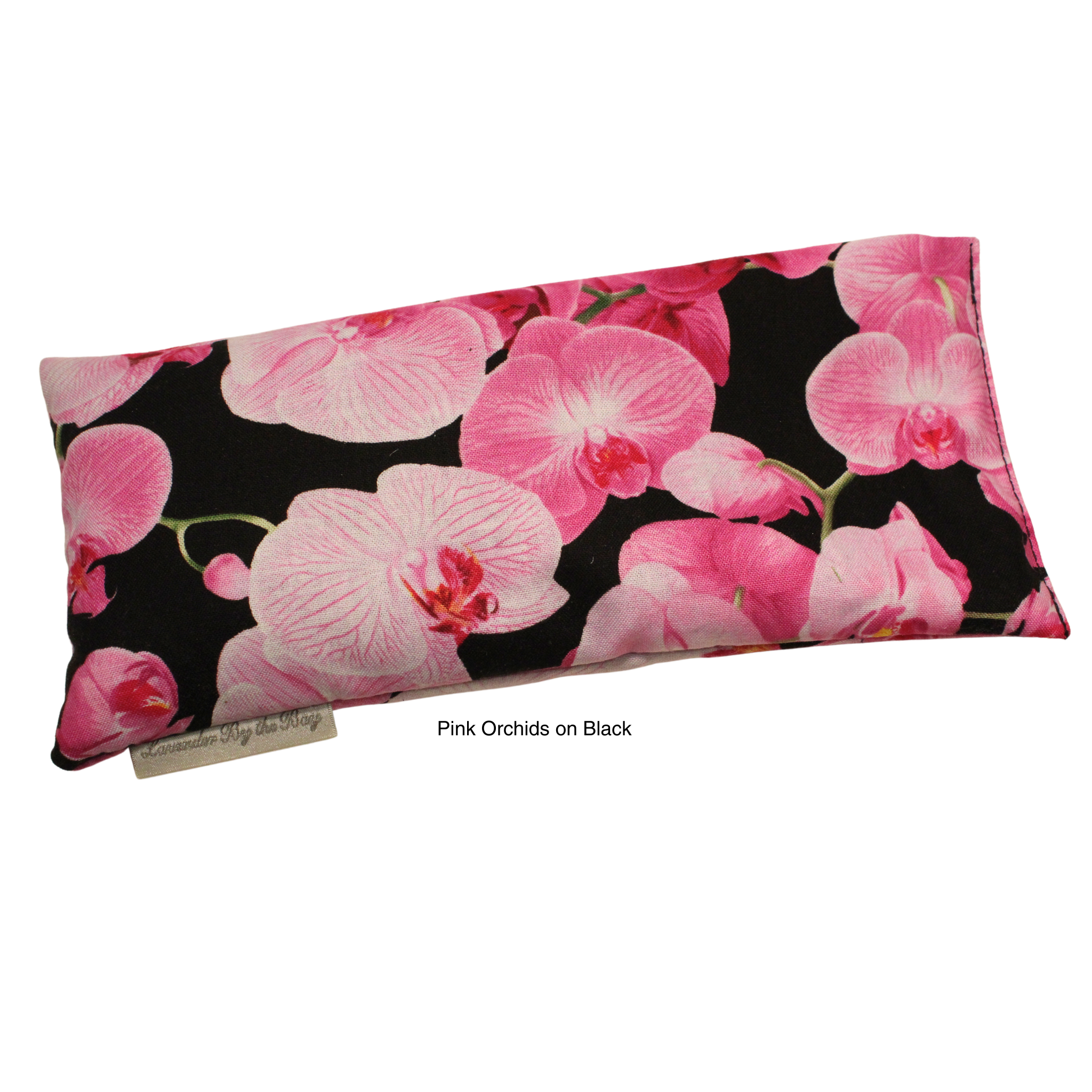 Pink Orchids on Black lavender eye pillow on white background