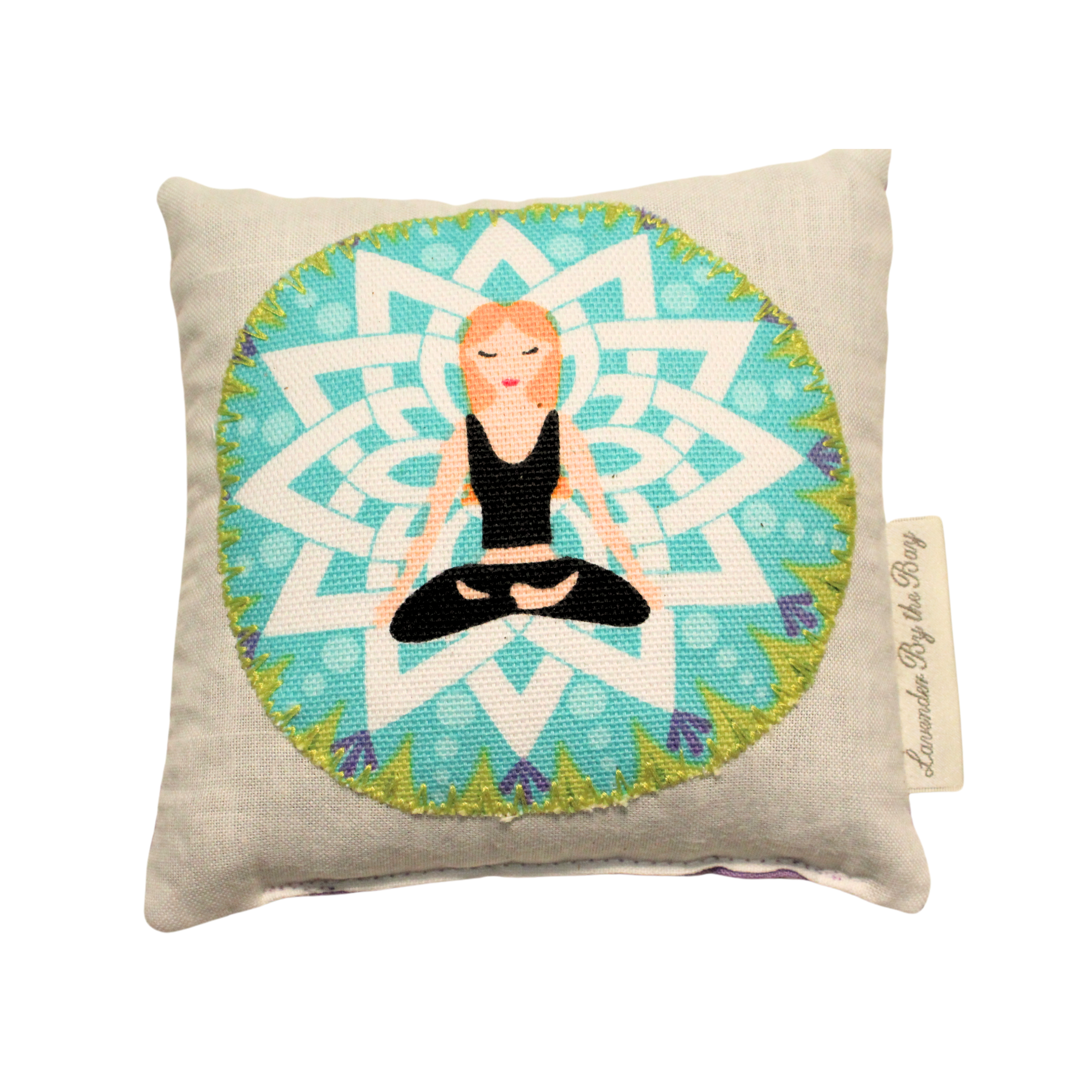 one of the Yoga Applique Sachets featuring a blonde girl sitting in a yoga pose