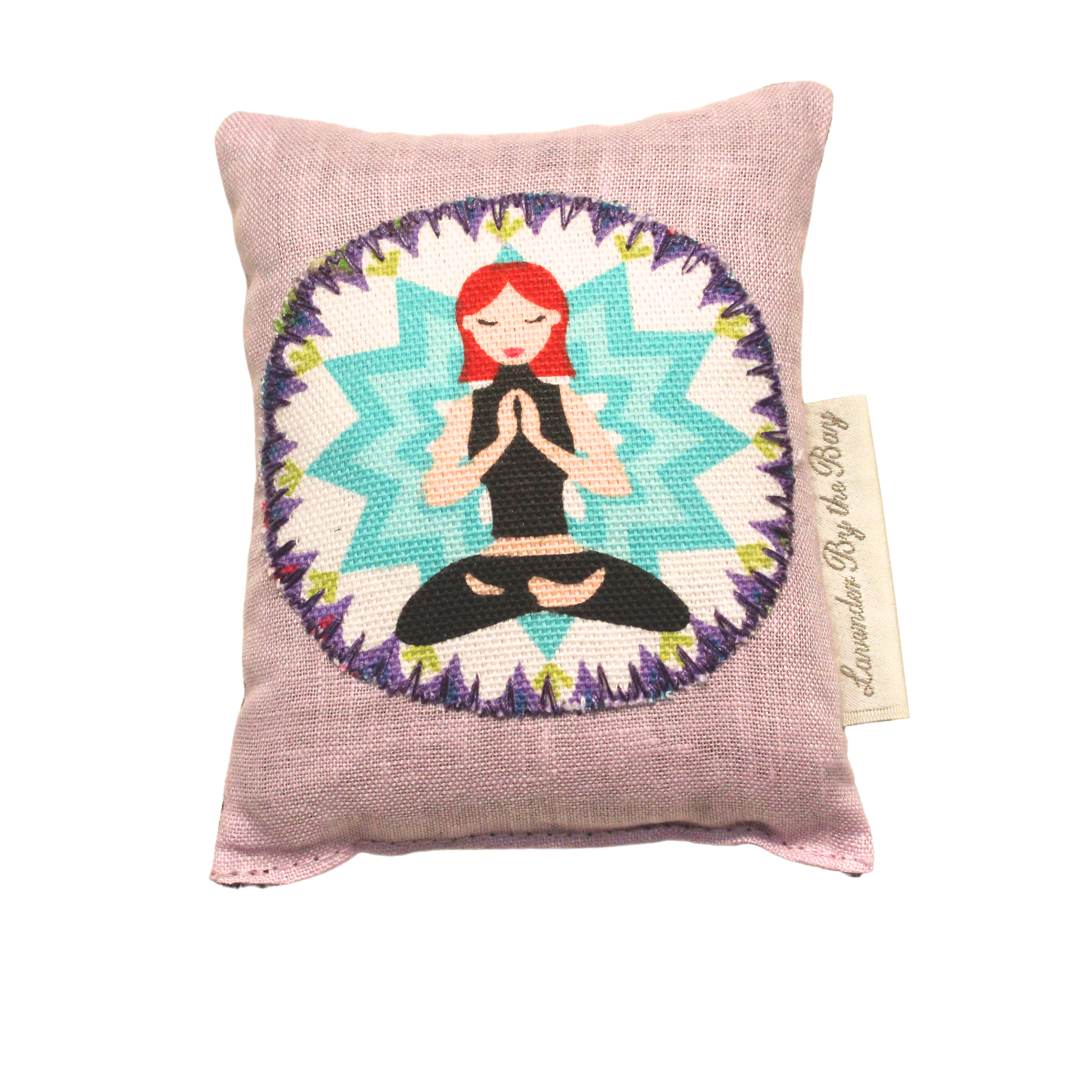 one of the Yoga Applique Lavender sachets featuring a red head girl sitting in a yoga pose