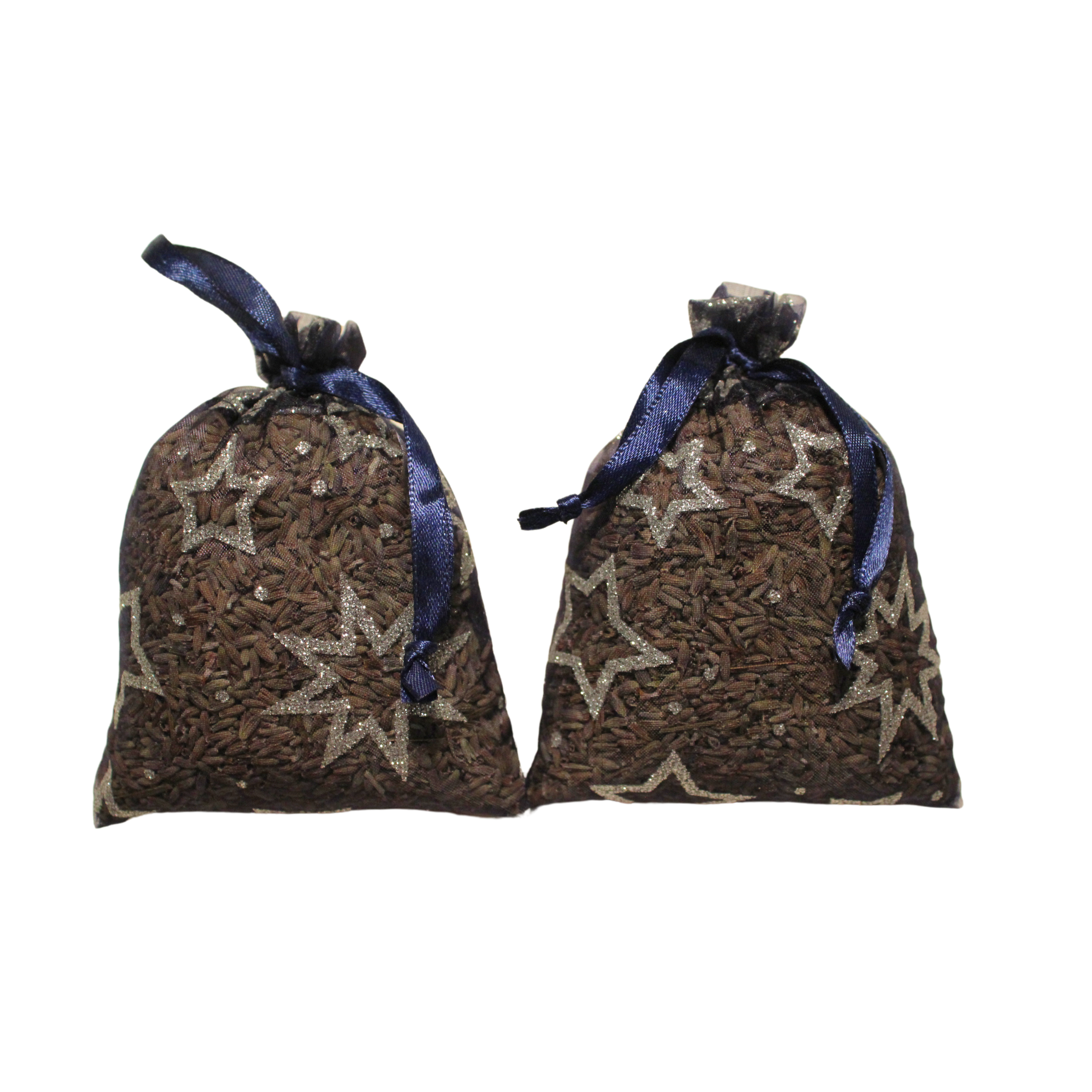 Two brown lavender sachets for drawers with decorative stars, tied with blue ribbons on white background