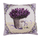A small, square-shaped sachet with an embroidered image of a lavender bouquet in a white basket