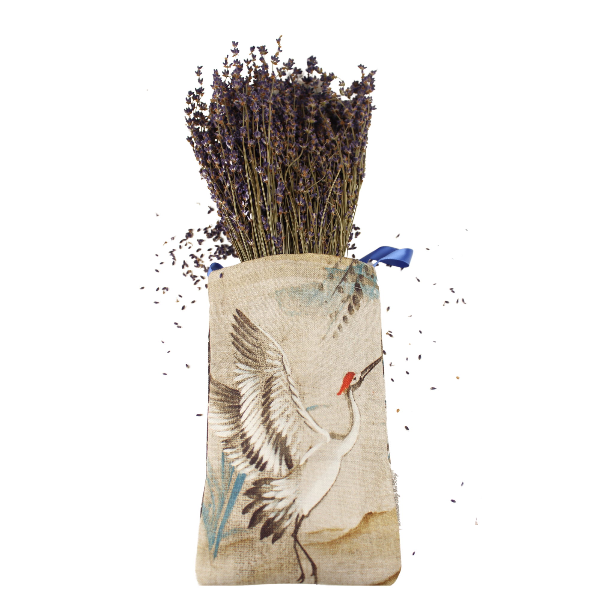 hanging grow bag filled with lavender flowers on white background