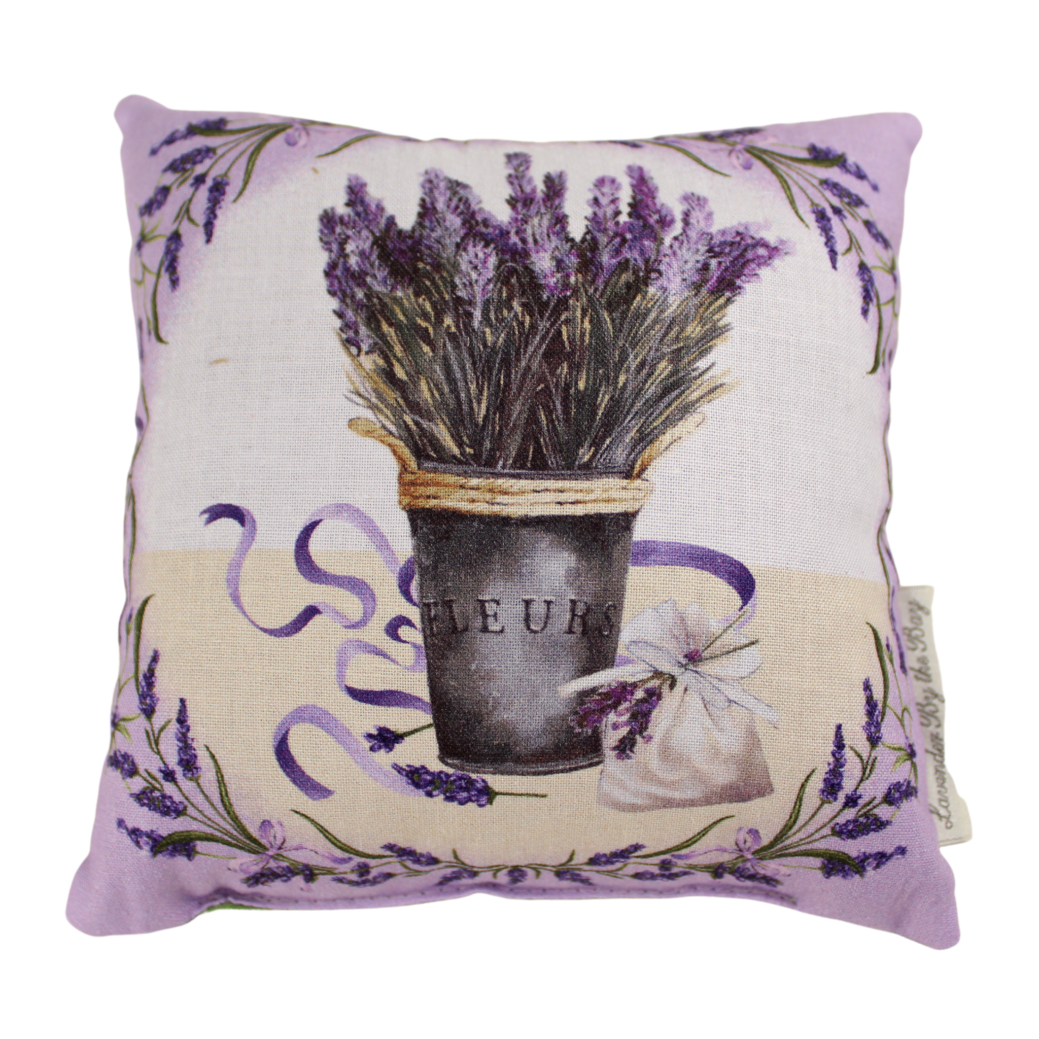 A decorative drawer sachet featuring a detailed embroidery of lavender flowers in a pot with the word "FLEURS" written on it, a lavender sachet bag and a ribbon.