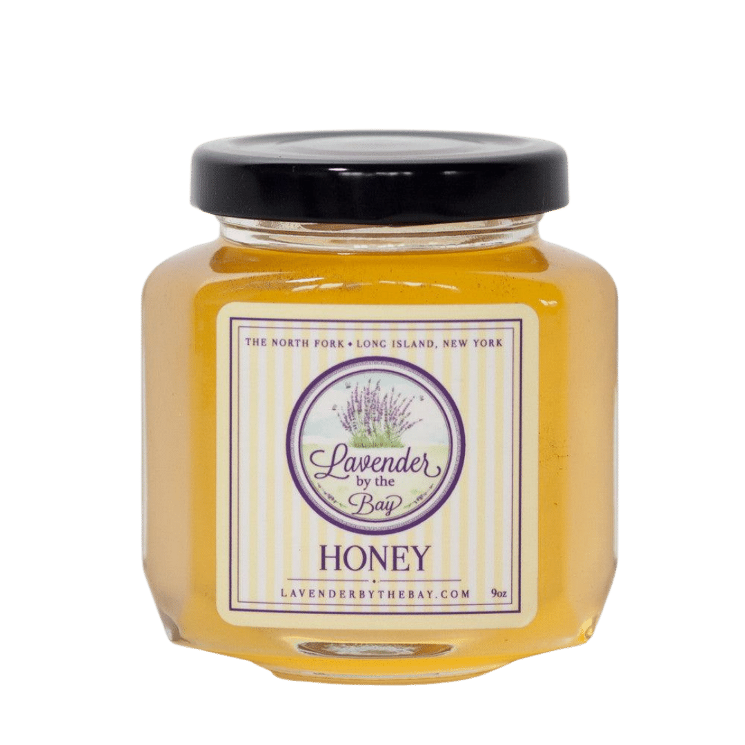 Lavender By The Bay Wildflower Honey bottle with LBTB Logo on black background