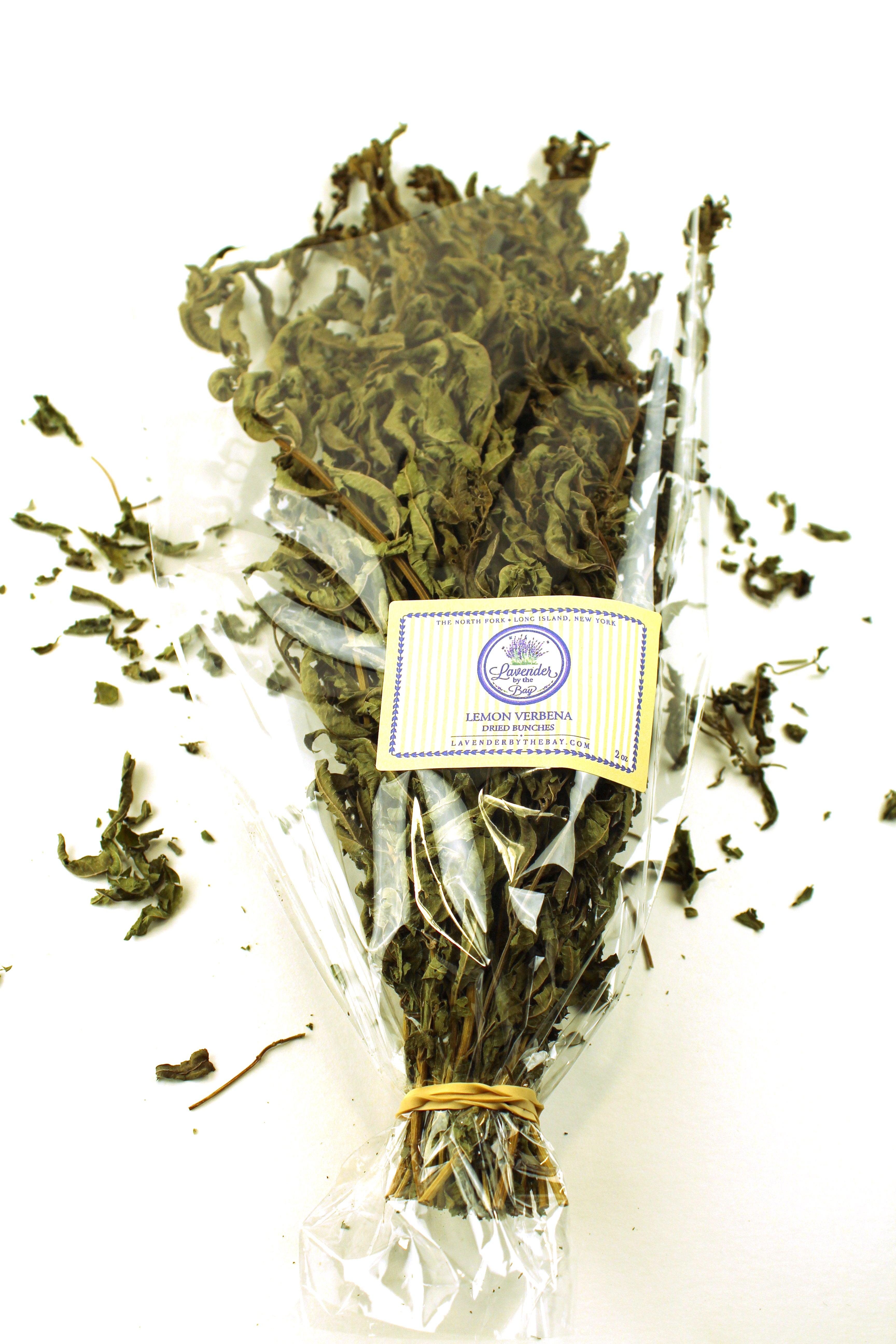 a dried herb bouquet lemon verbena leaves packaged in clear cellophane.