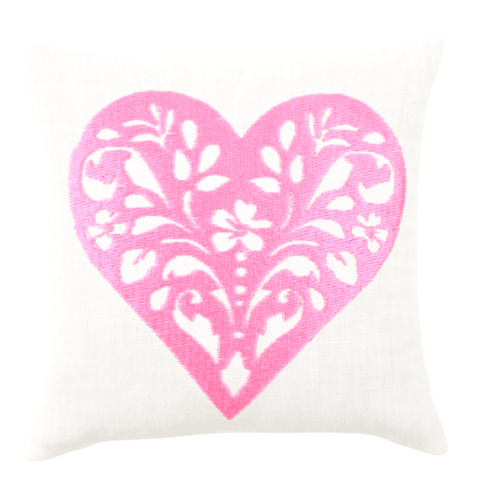 Pink on white Embroidered Heart aromatherapy sachet on white background