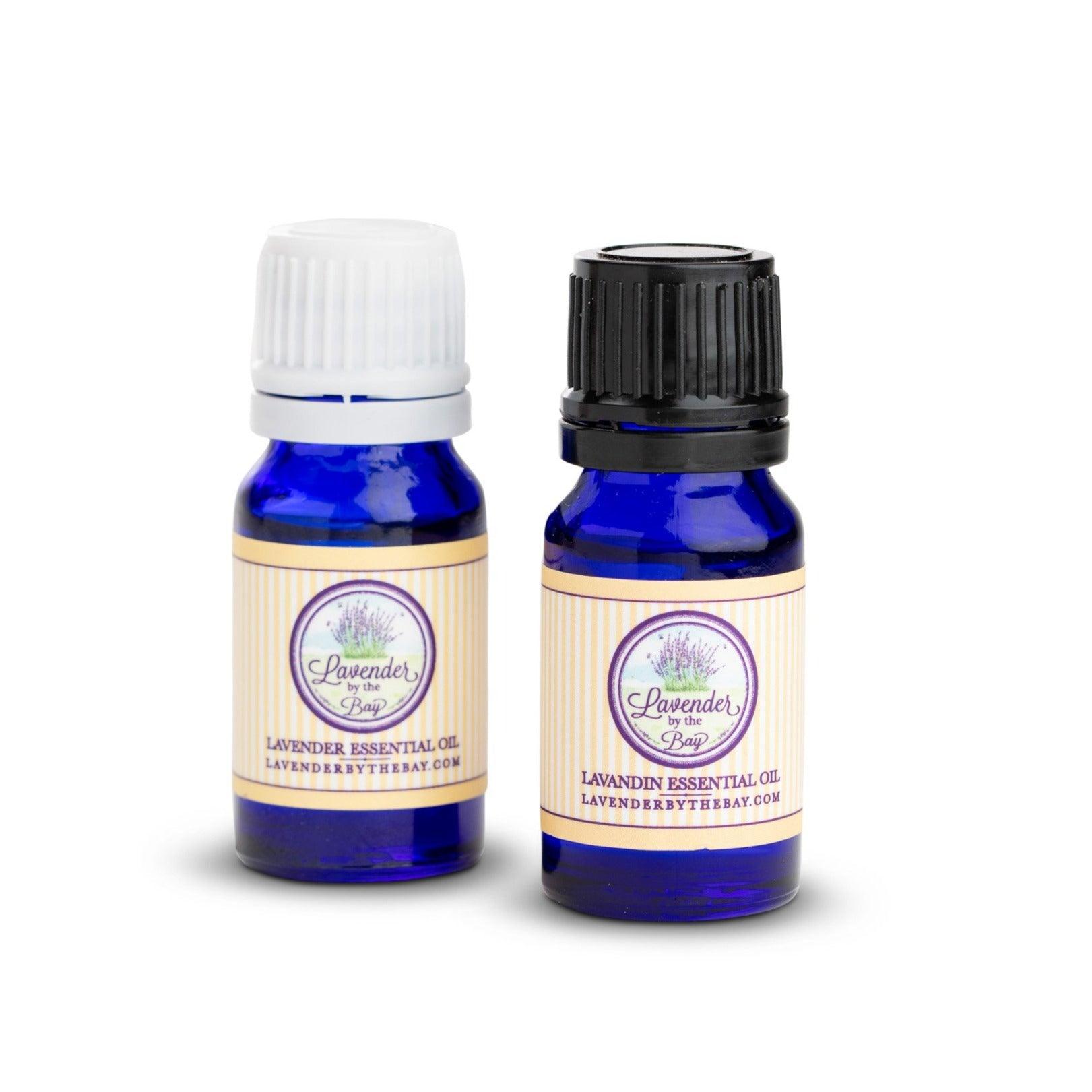 Essential Oil Set of one 10mL blue bottle of Lavender essential oil and one 10mL blue bottle of Lavandin essential oil with Lavender By The Bay logo on them standing on white background