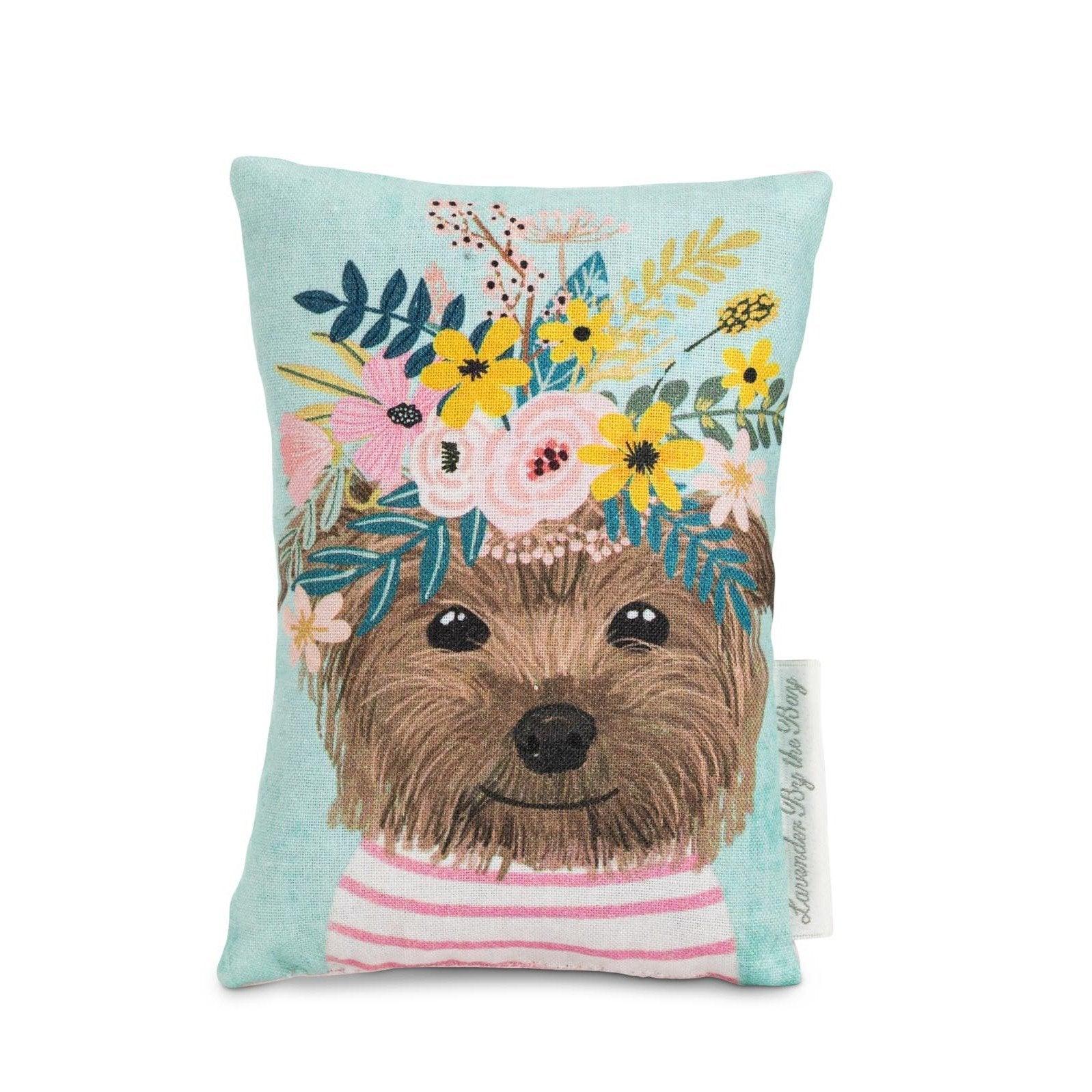 Brown dog with floral head wreath dried French lavender sachet