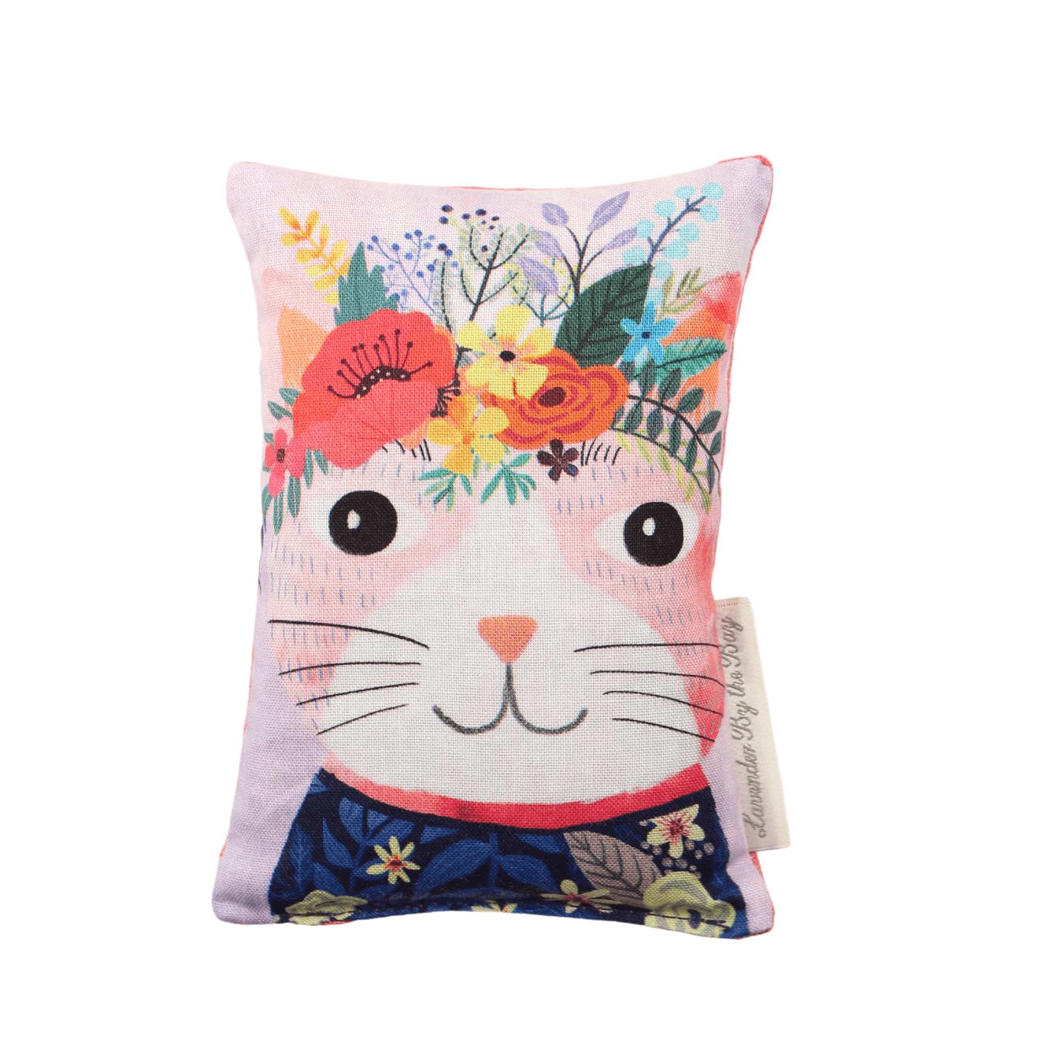 Pink cat with floral head wreath sachet with nice scents on white background