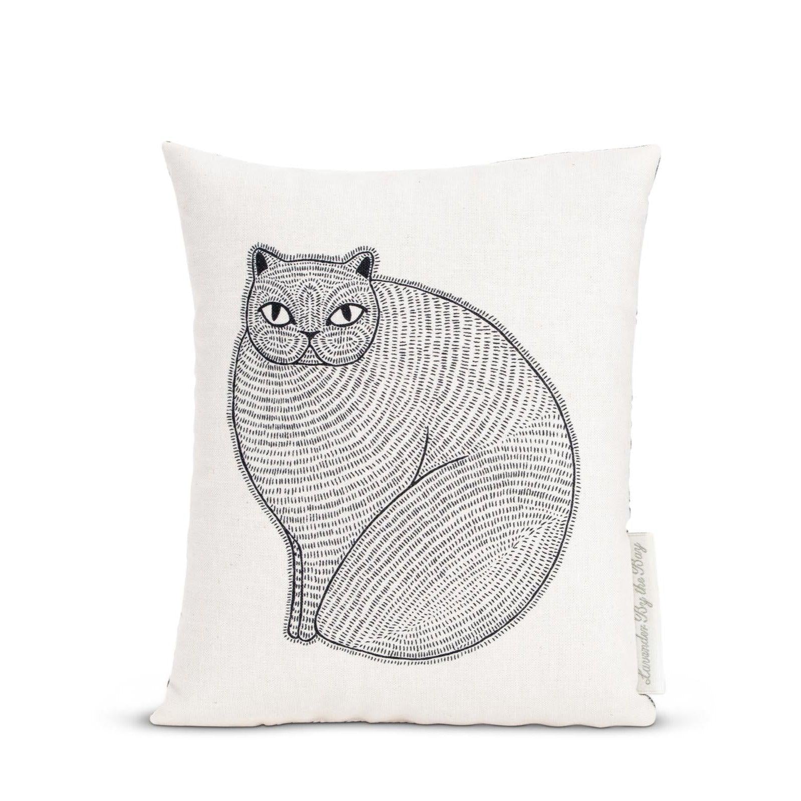 Stylized aromatherapy sachet of a fat cat with dash pattern on white background