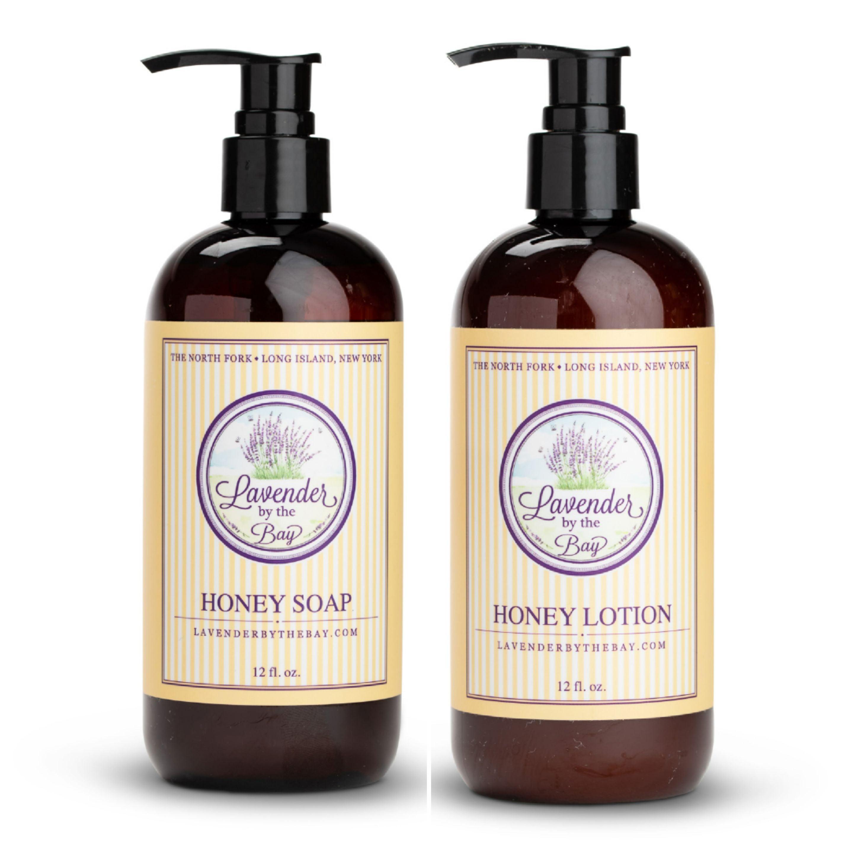 The LBTB Honey Soap and Lotion Set featuring one honey soap dispenser and one honey lotion dispenser standing on white background