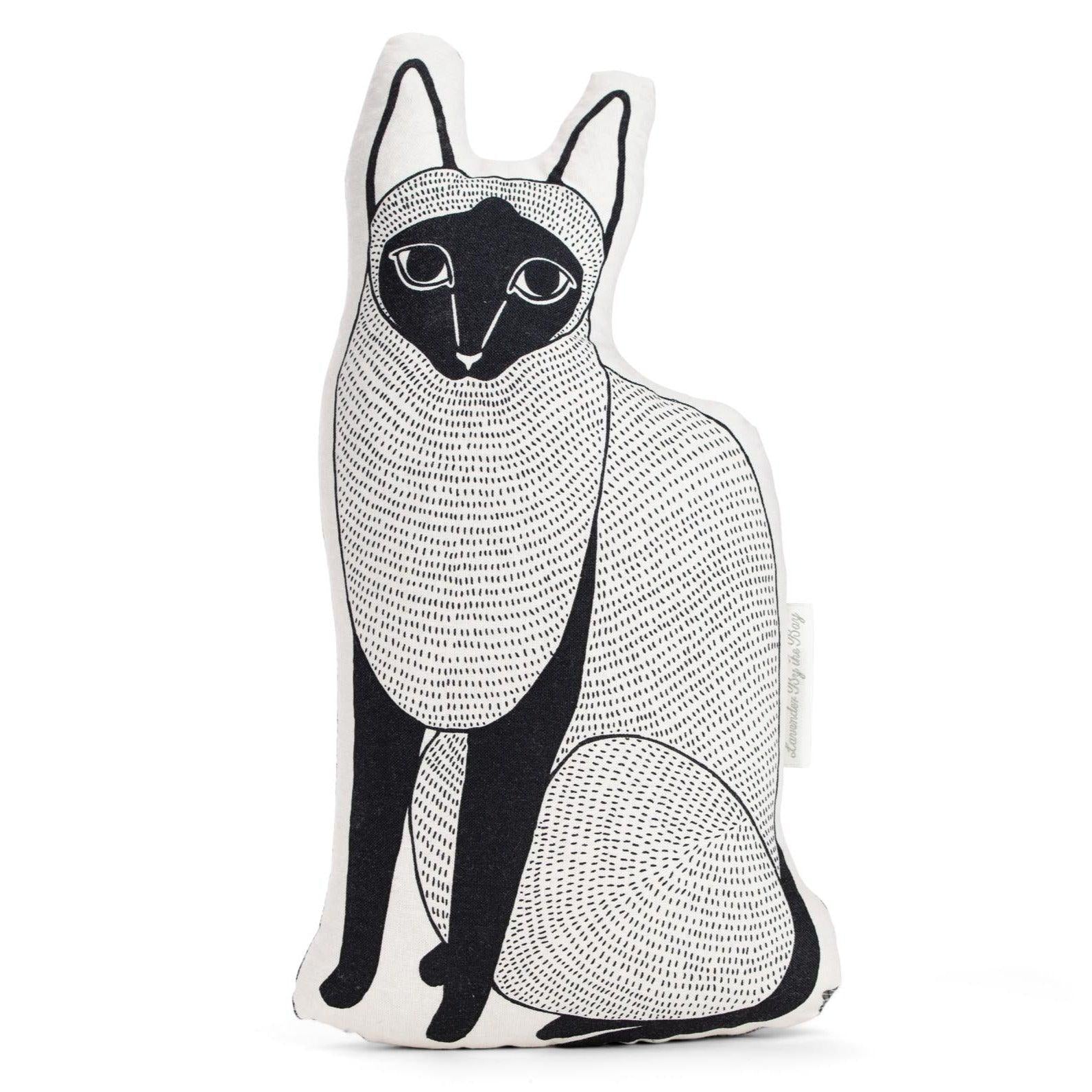 A black and white Persian giant cat shaped pillow with a distinctive Dashes pattern, sitting upright