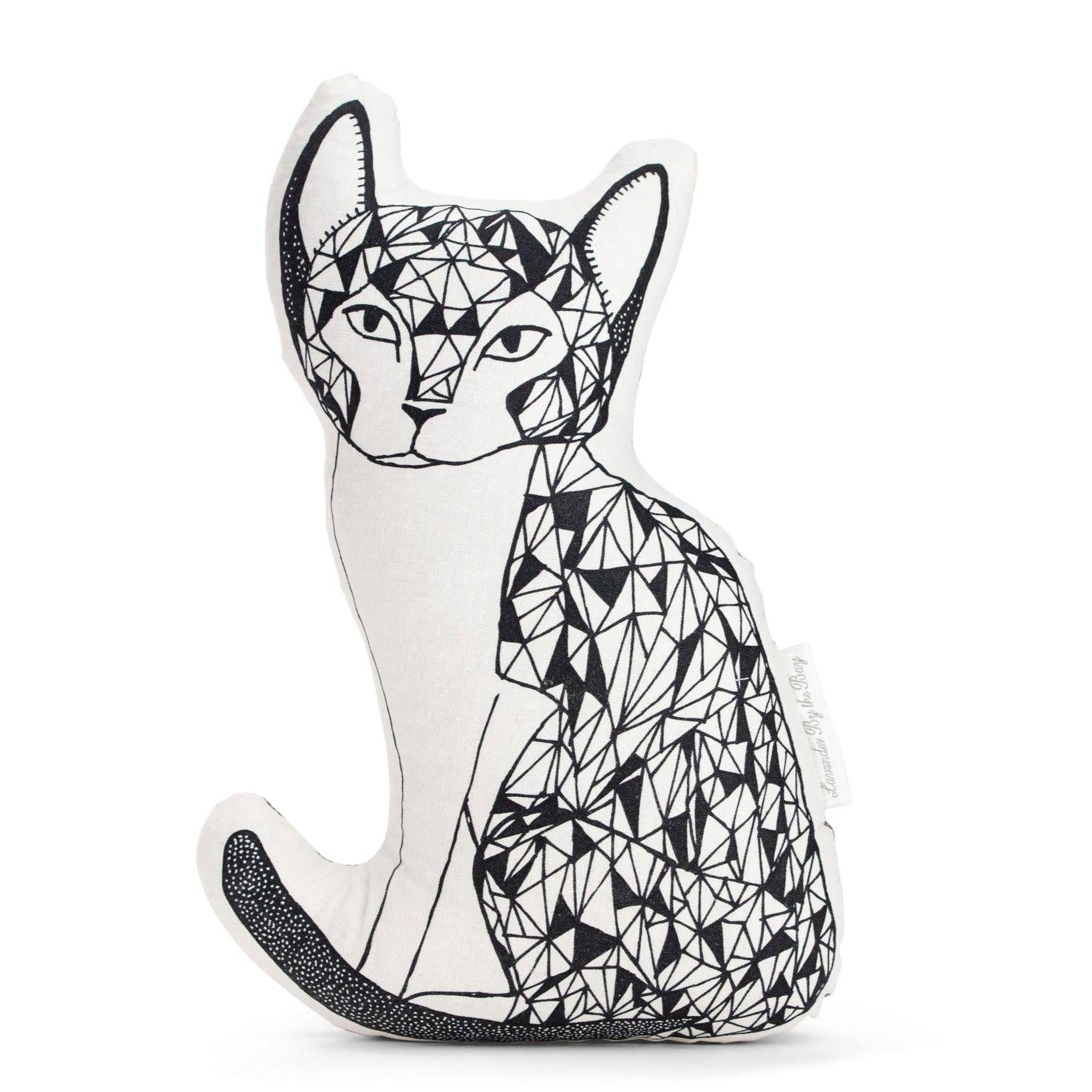 A black and white cat shaped throw pillow with a geometric pattern made up of triangles.