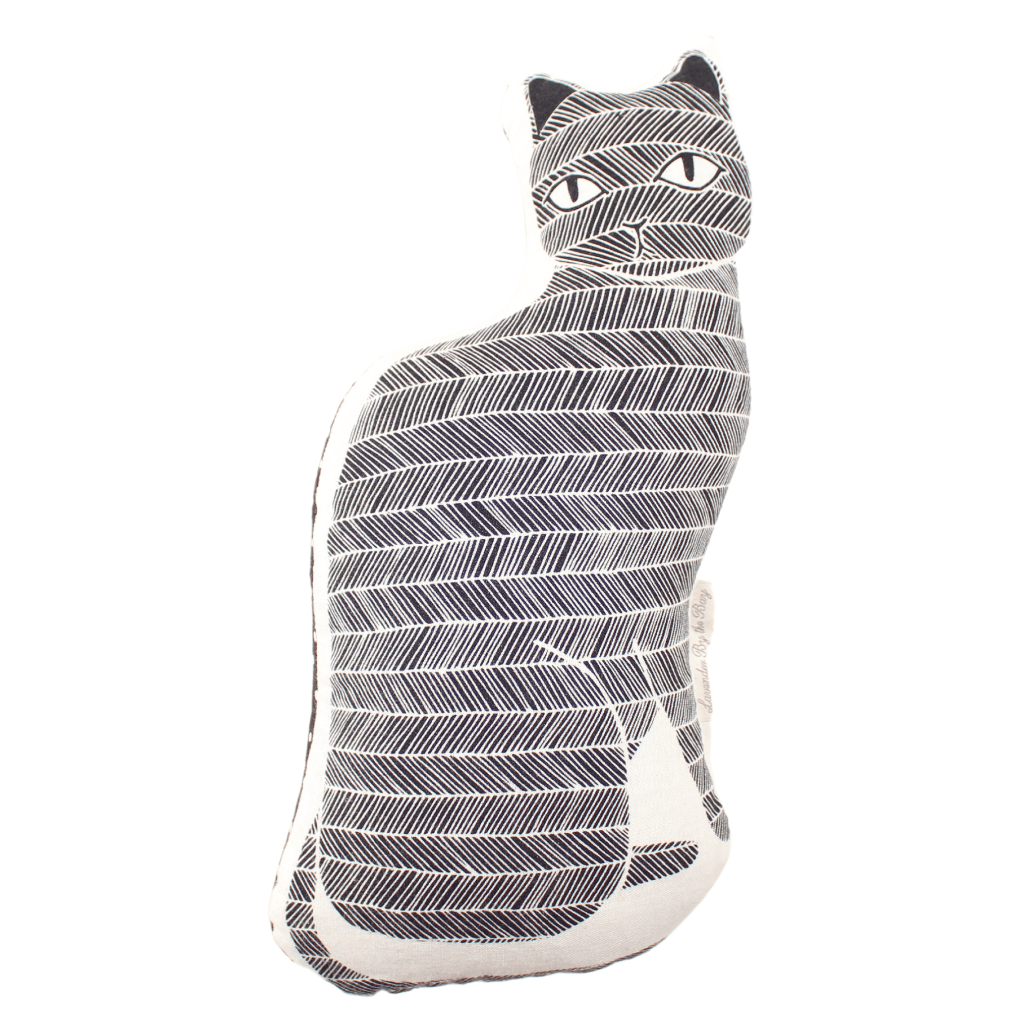 A black and white cat shaped pillow with a zig zag pattern, sitting upright