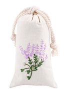 off white scented sachet bag featuring embroidered purple lavender flowers