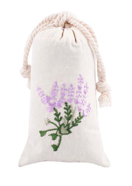 off white scented sachet bag featuring embroidered purple lavender flowers