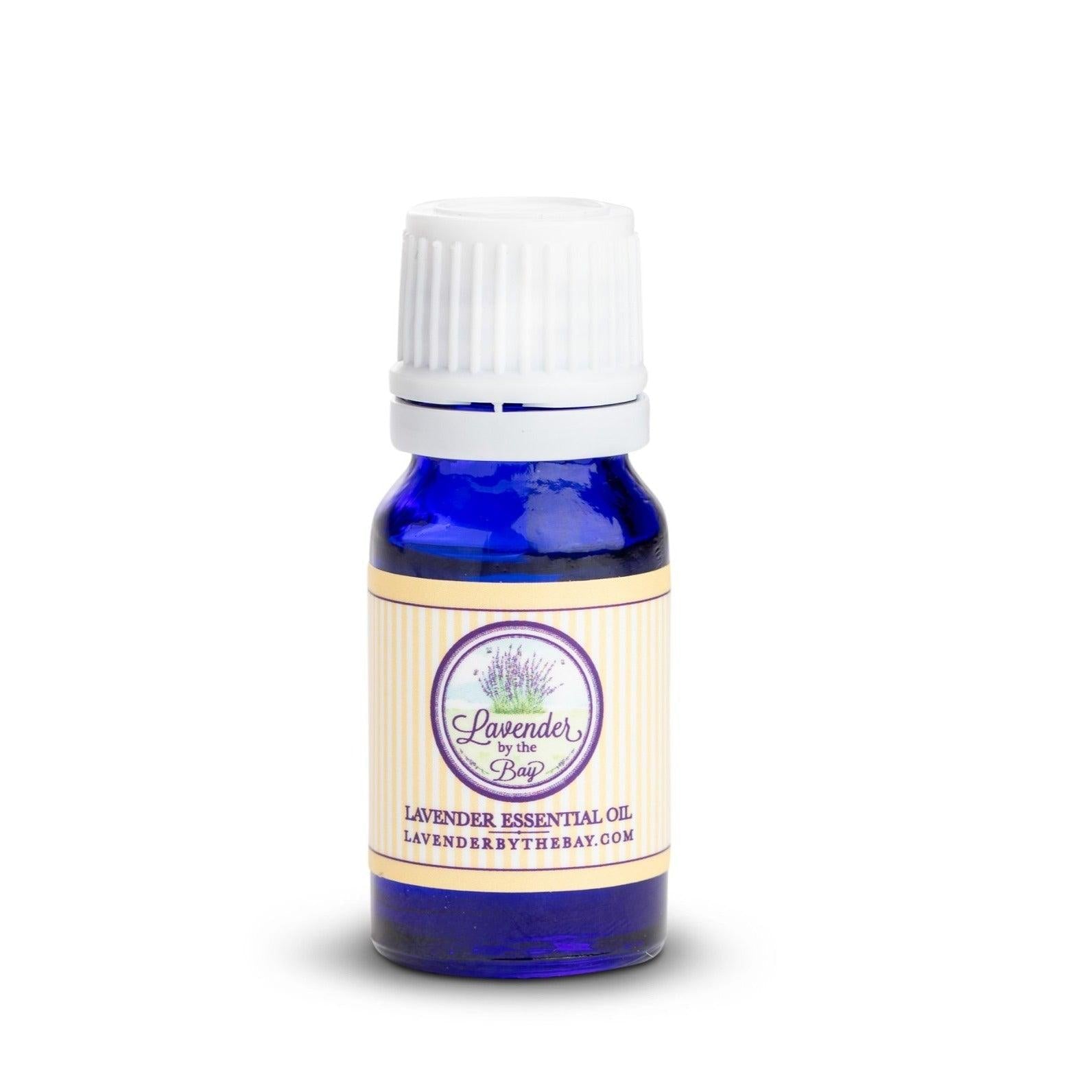 The LBTB Lavender essential oil blue bottle on white background