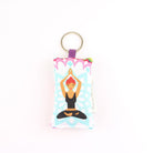 Red haired yoga girl design featuring on embroidered scented  lavender keychain on white background
