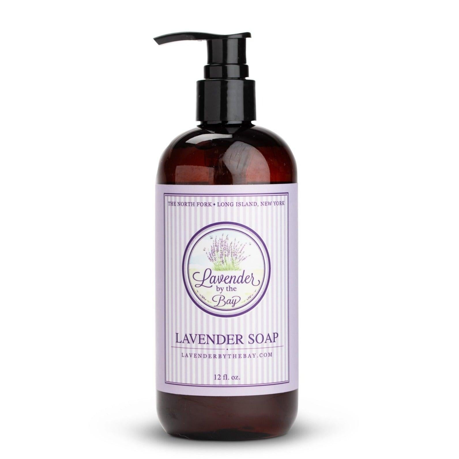 Lavender liquid soap bottle standing on white background