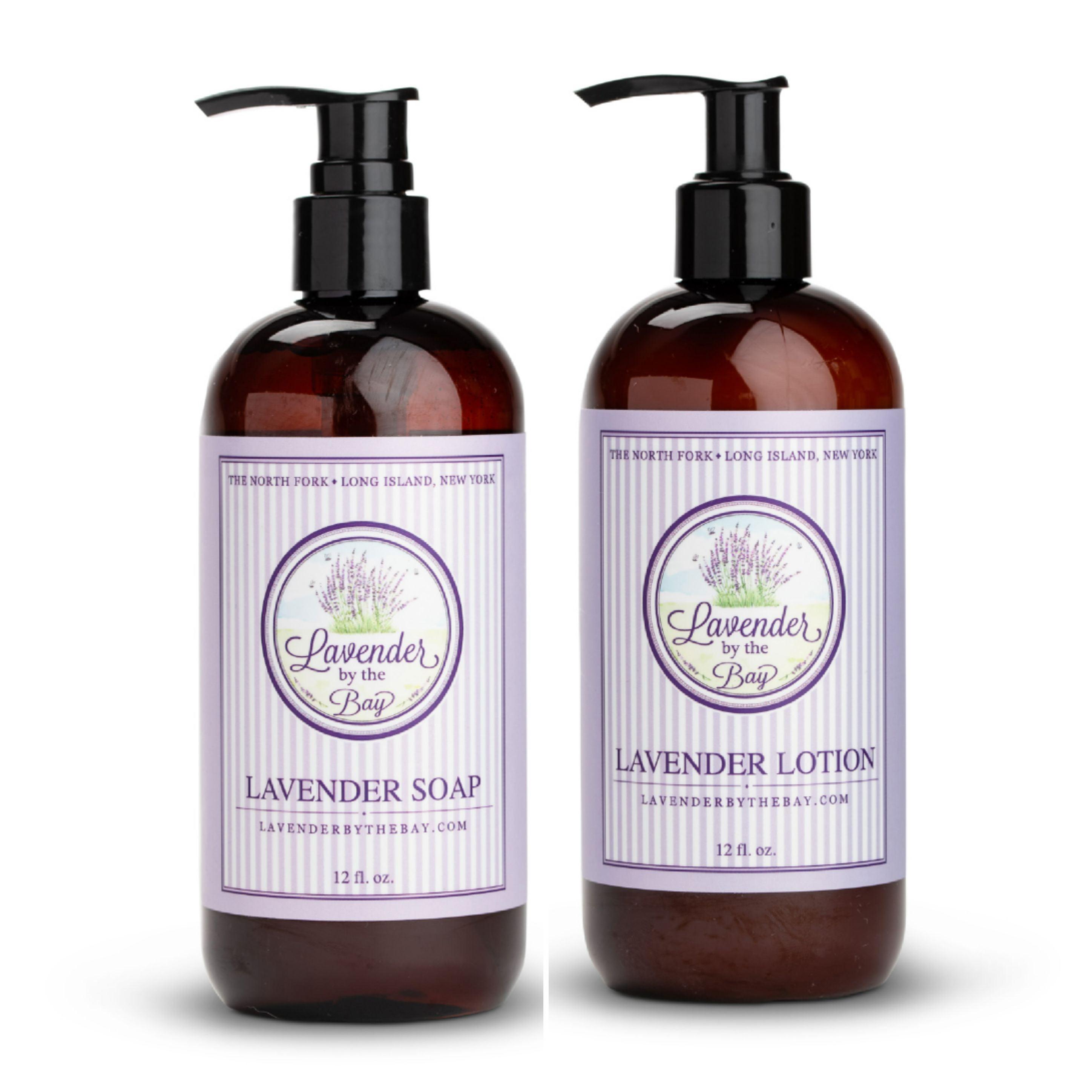Lavender soap and lotion set showing 2 bottles with the LBTB logo one of body soap and the other of body lotion on white background