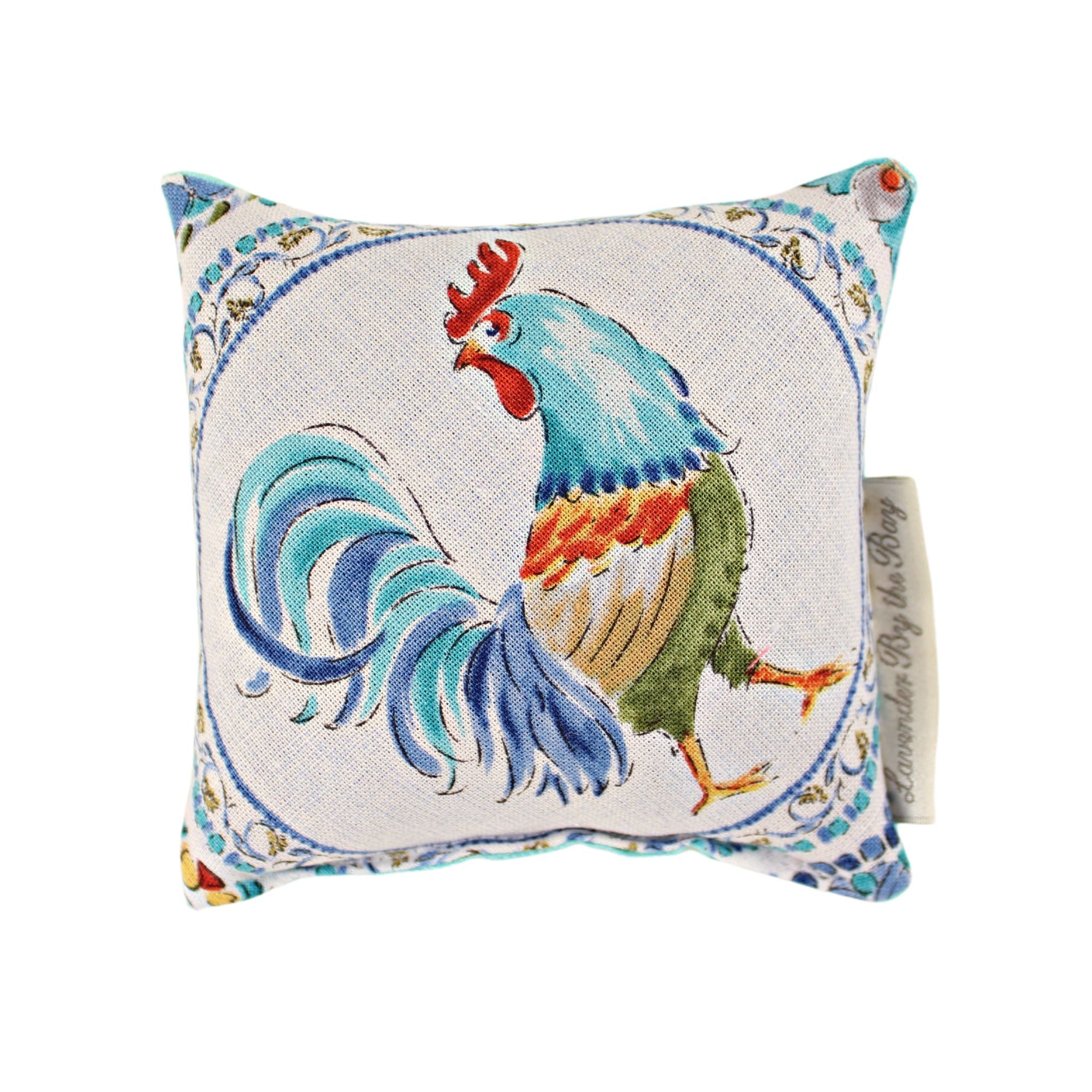 A square closet sachet with an embroidered colorful rooster design.