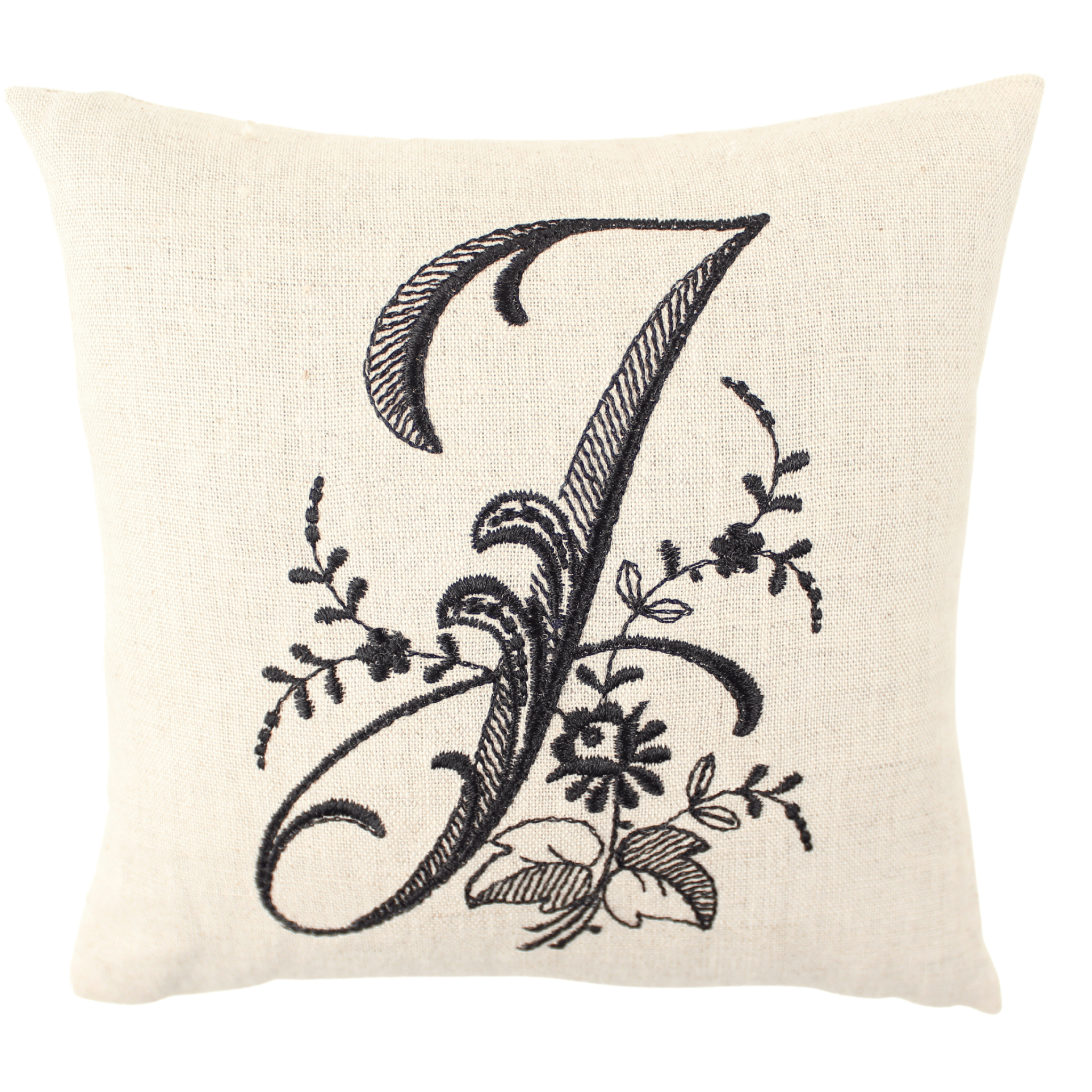 Monogrammed sleep pillow with black J letter on white background