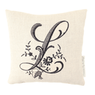 Monogrammed reading pillow for bed with black letter L on white background
