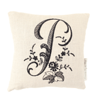 Embroidered monogram pillow with 
black P letter on white background