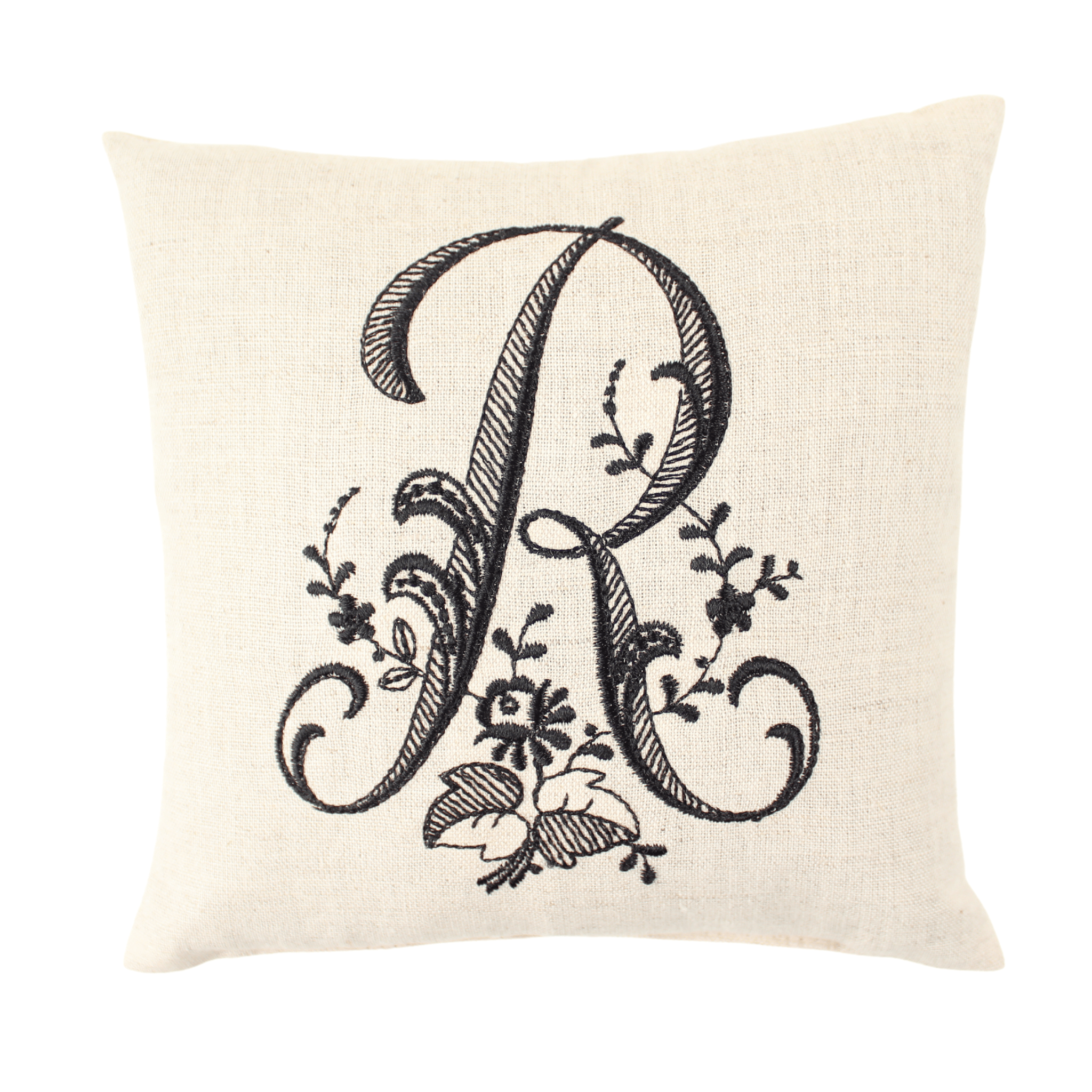 Monogrammed pillow sham with black R letter on white background
