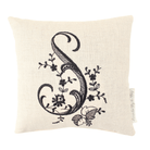 Embroidered monogram pillow with black S letter on white background