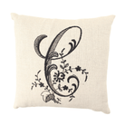Black C letter on monogrammed pillow sham on white background