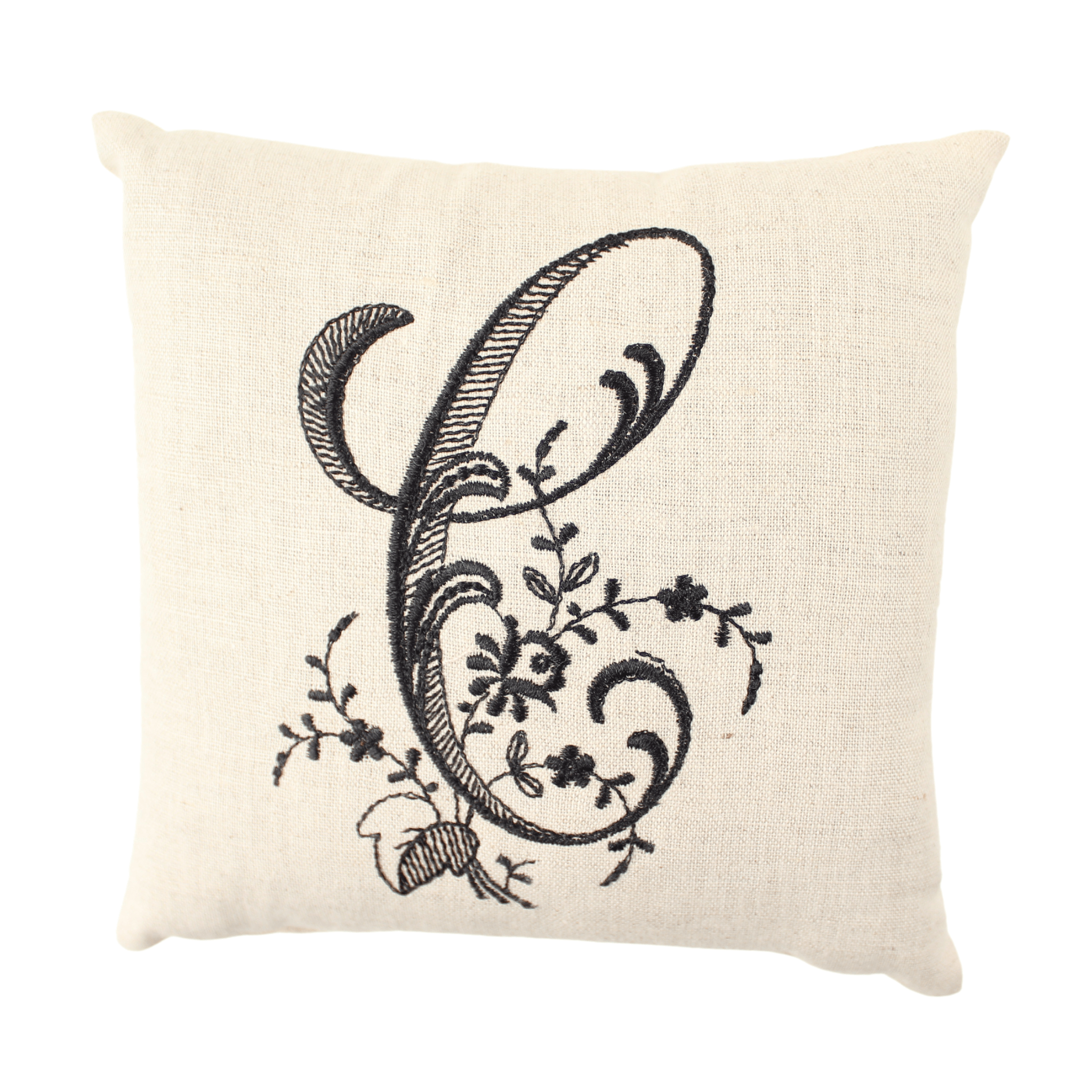 Black C letter on monogrammed pillow sham on white background