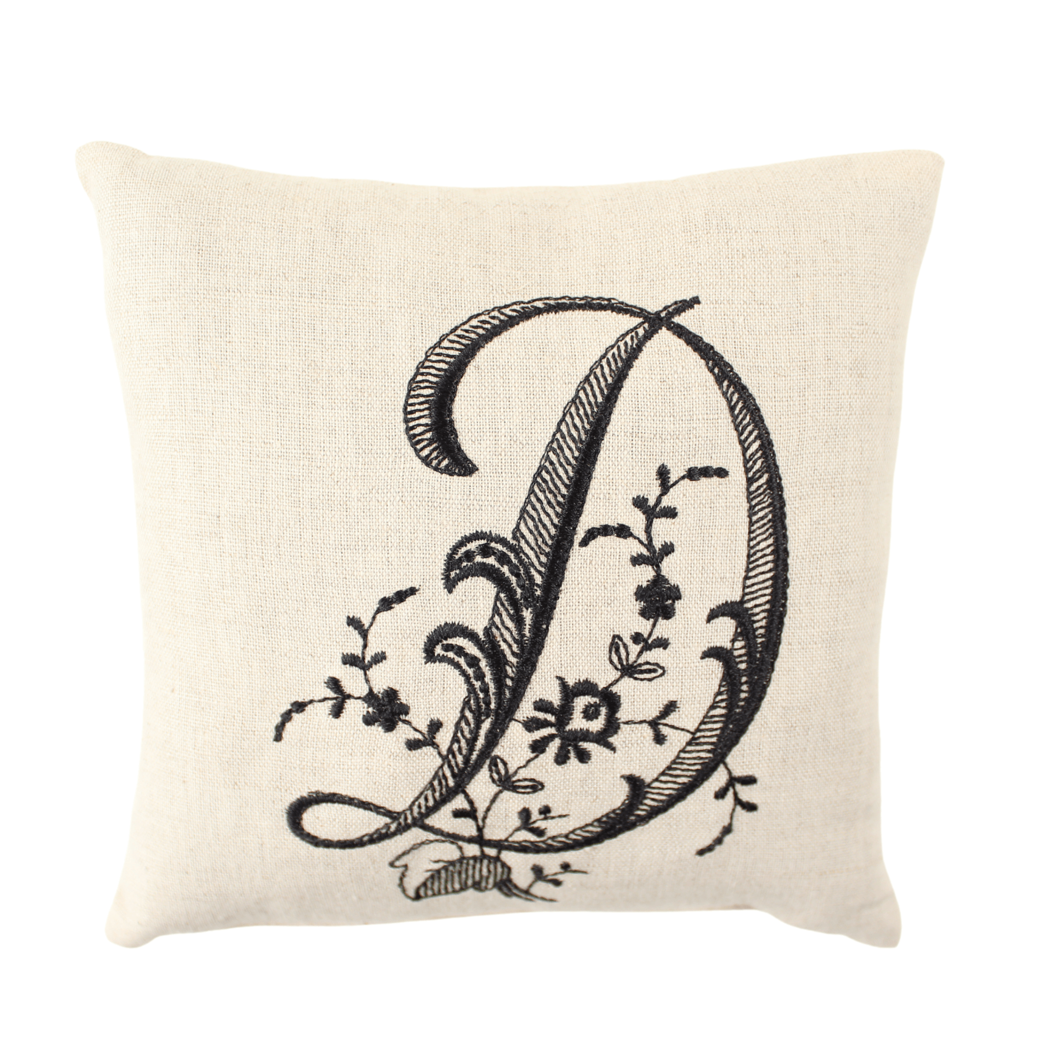 Monogram pillow with black D letter on white background