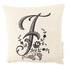 Monogrammed lavender pillow with black letter F on white background