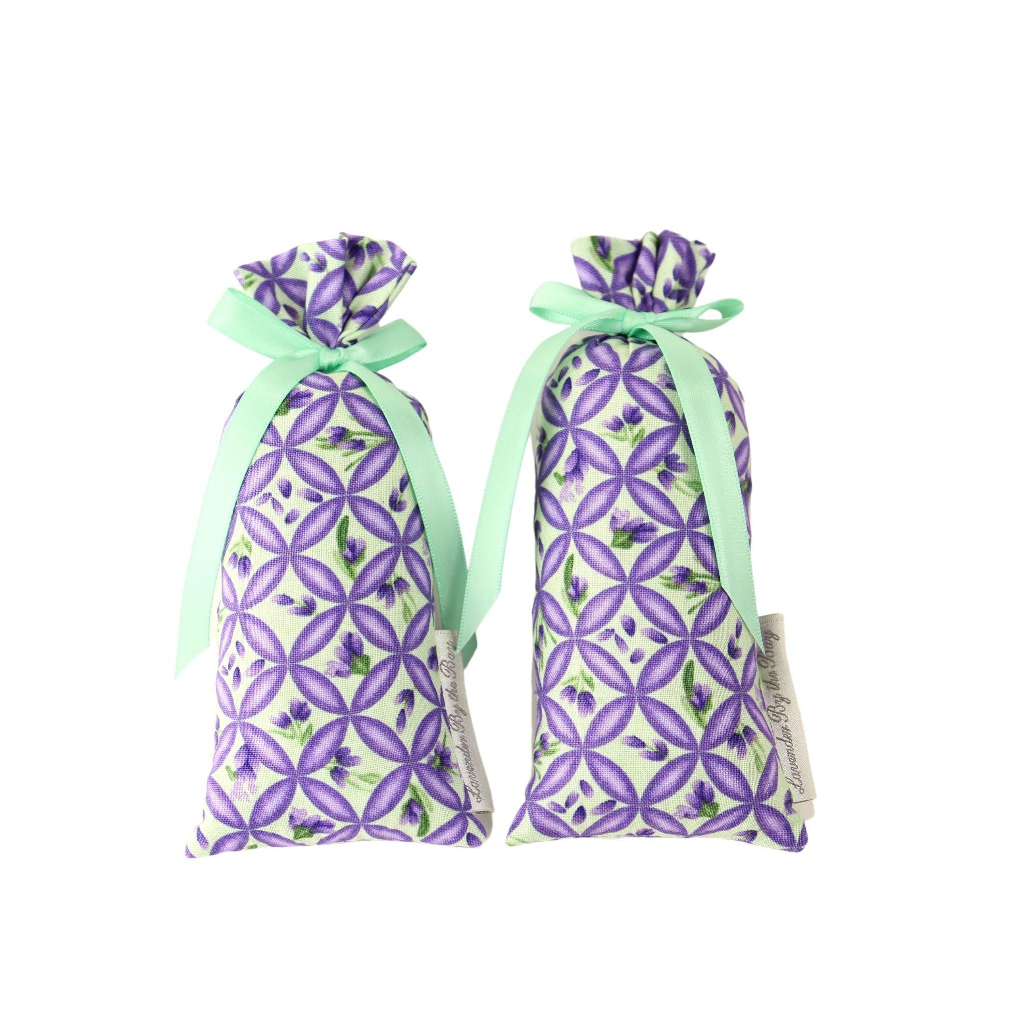 Lavender By The Bay set of two Geometric closet scent sachet with ribbons on white background
