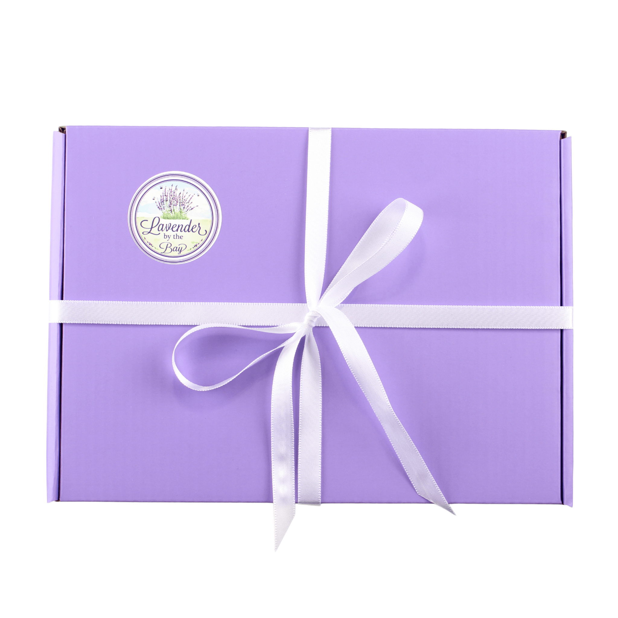 Purpule Subscription Box Gift with a white ribbon and Lavender By The Bay Logo on a white background
