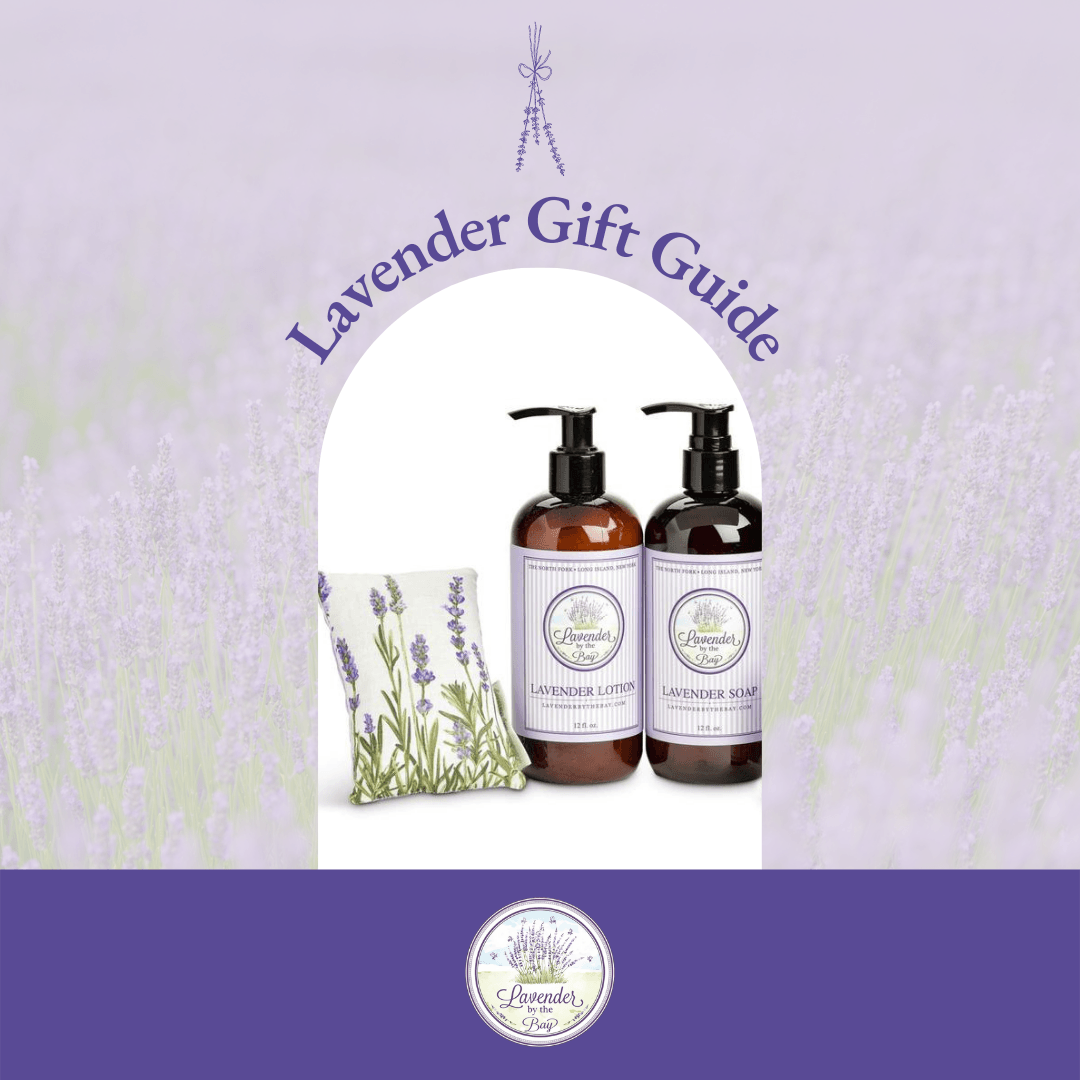 Lavender Gift Guide featured image showing a sachet and two bottels one of Lavender lotion and the other of Lavender soap on white background