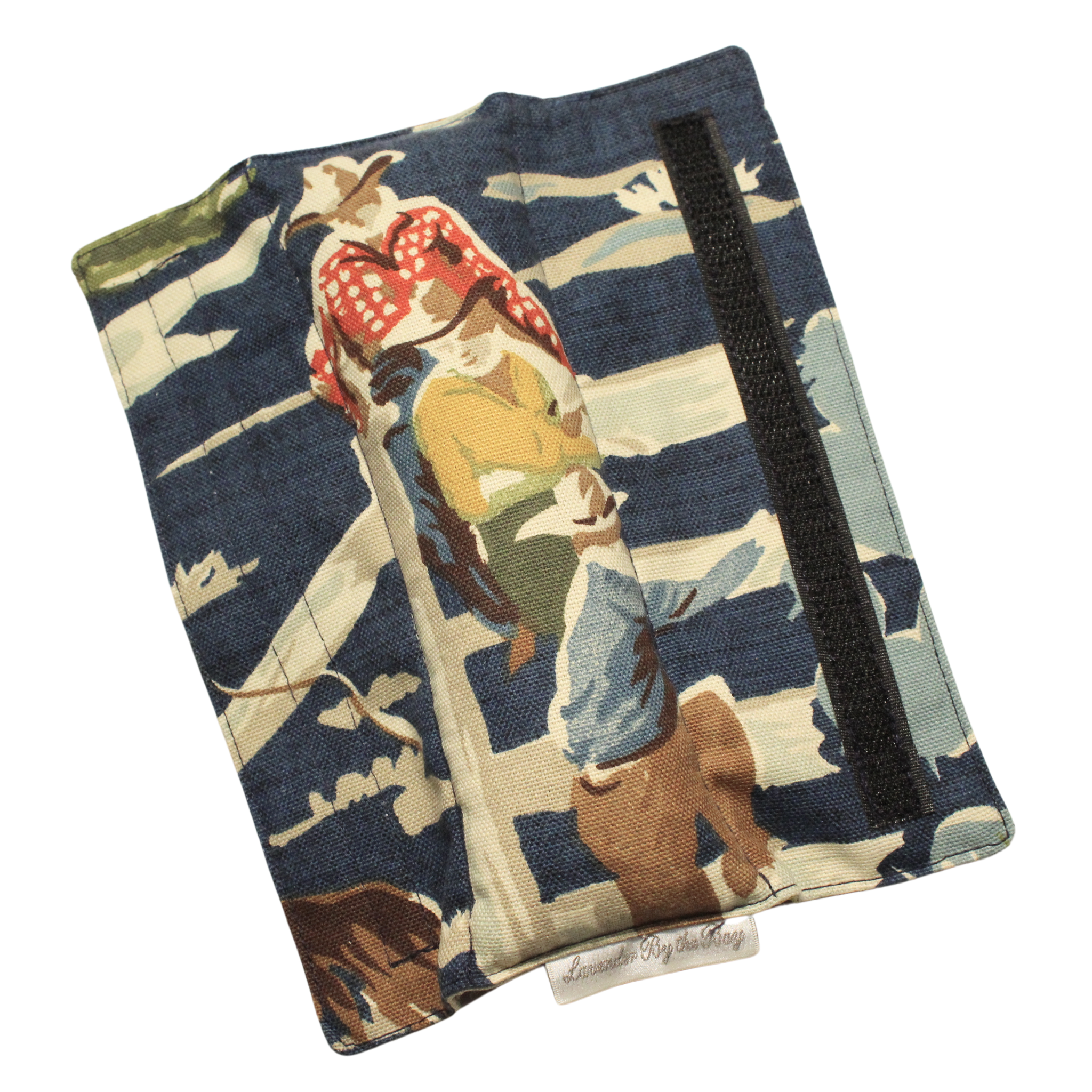 seatbelt pad lavender sachet with a vintage rodeo scene featuring cowboys riding horses