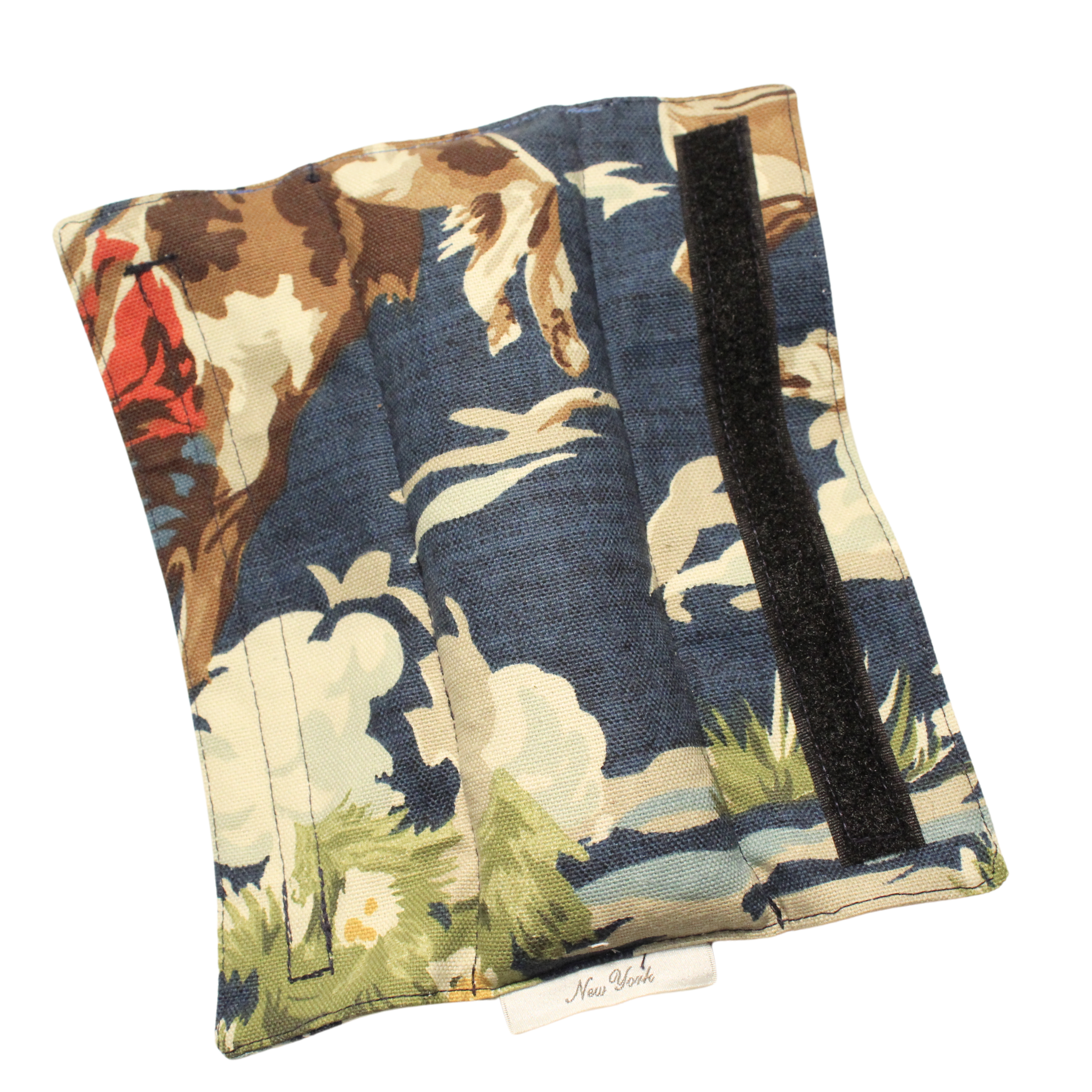 seatbelt buckle cover lavender sachet with a vintage rodeo scene featuring cowboys riding horses